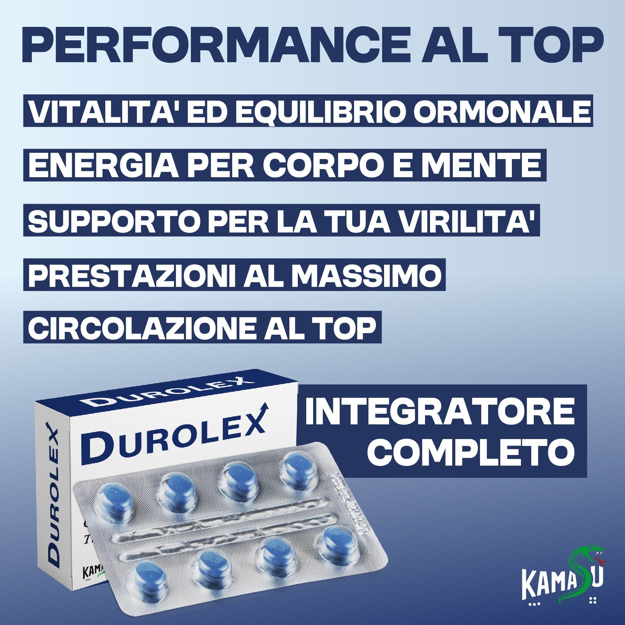 Scatola Durolex, blister compresse. Logo Kamasù.