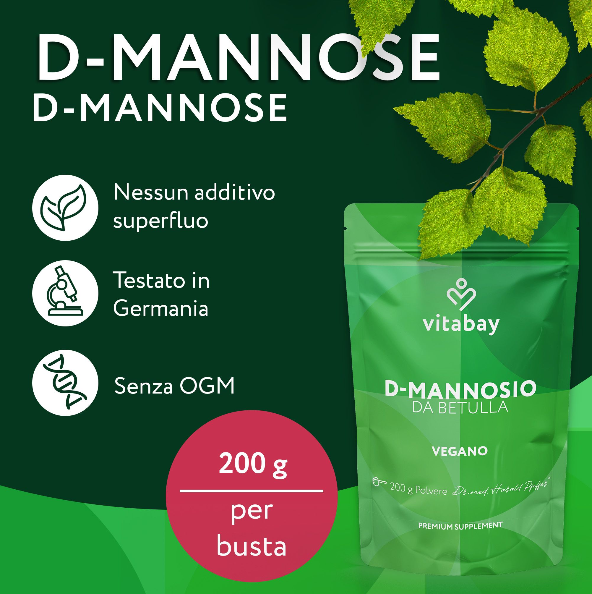 Sacchetto Vitabay D-Mannosio da betulla davanti a un bosco di betulle, per la routine quotidiana.