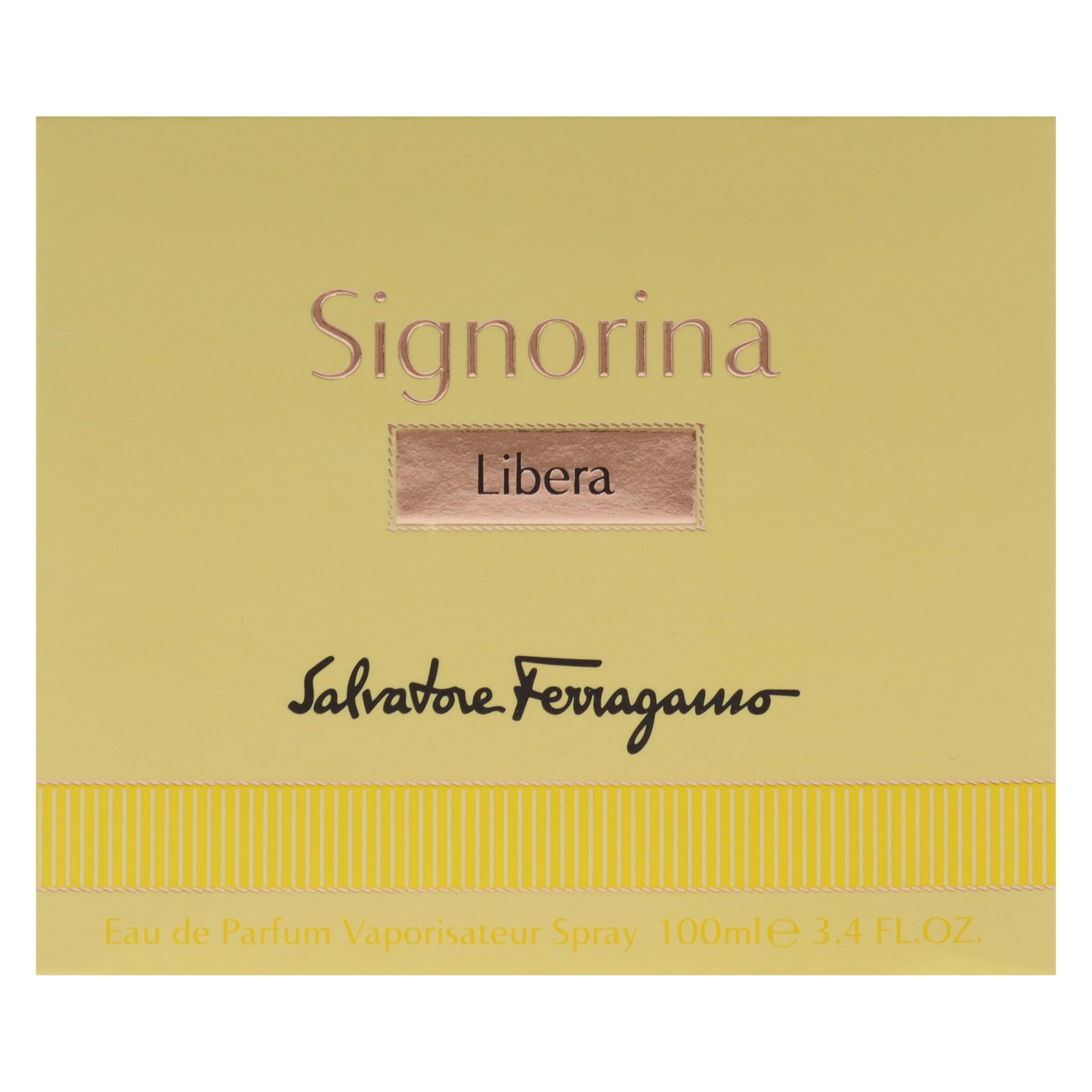 Scatola gialla con scritta Signorina Libera e logo Salvatore Ferragamo. Scritta: Eau de Parfum Vaporisateur Spray.