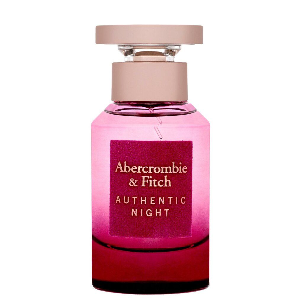 Flacone di Abercrombie & Fitch Authentic Night. Flacone rosa con tappo rosa. Logo e nome del prodotto sull'etichetta.