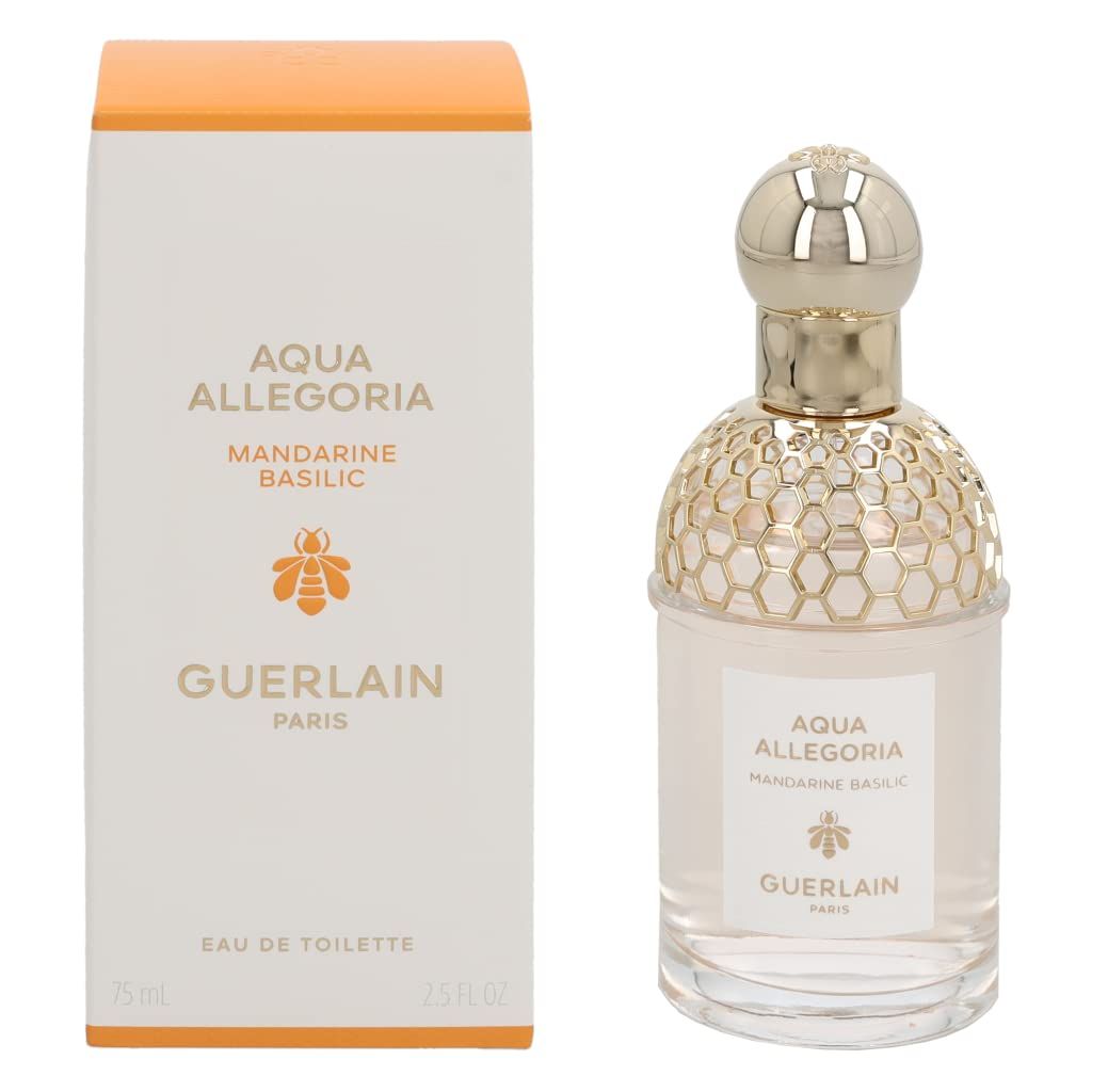 Flacone e confezione. Flacone con tappo dorato. Confezione bianca con parte superiore arancione. Scritta Aqua Allegoria, Mandarine Basilic, Guerlain.
