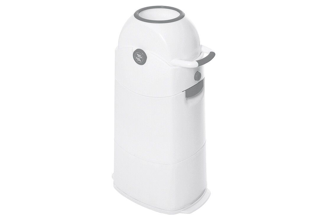 Bidone per pannolini bianco con coperchio e maniglia. Logo: Diaper Champ.