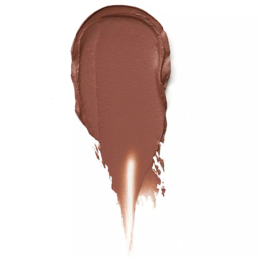Campione di rossetto marrone su sfondo bianco. Texture: cremosa.