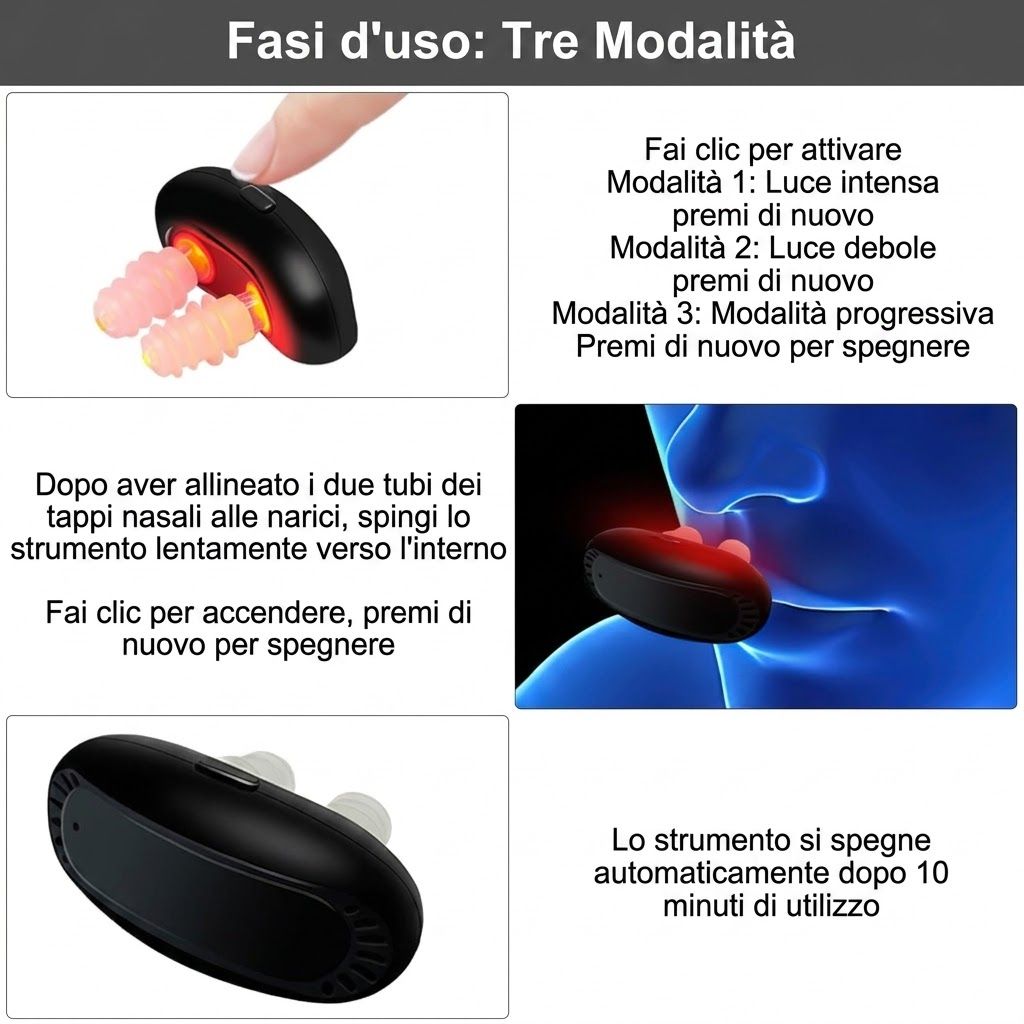 Tre immagini: Fasi d'uso. Sopra: Dispositivo con luce rossa. Centro: Dispositivo nel naso. Sotto: Dispositivo dal basso. Testo: 10 minuti.