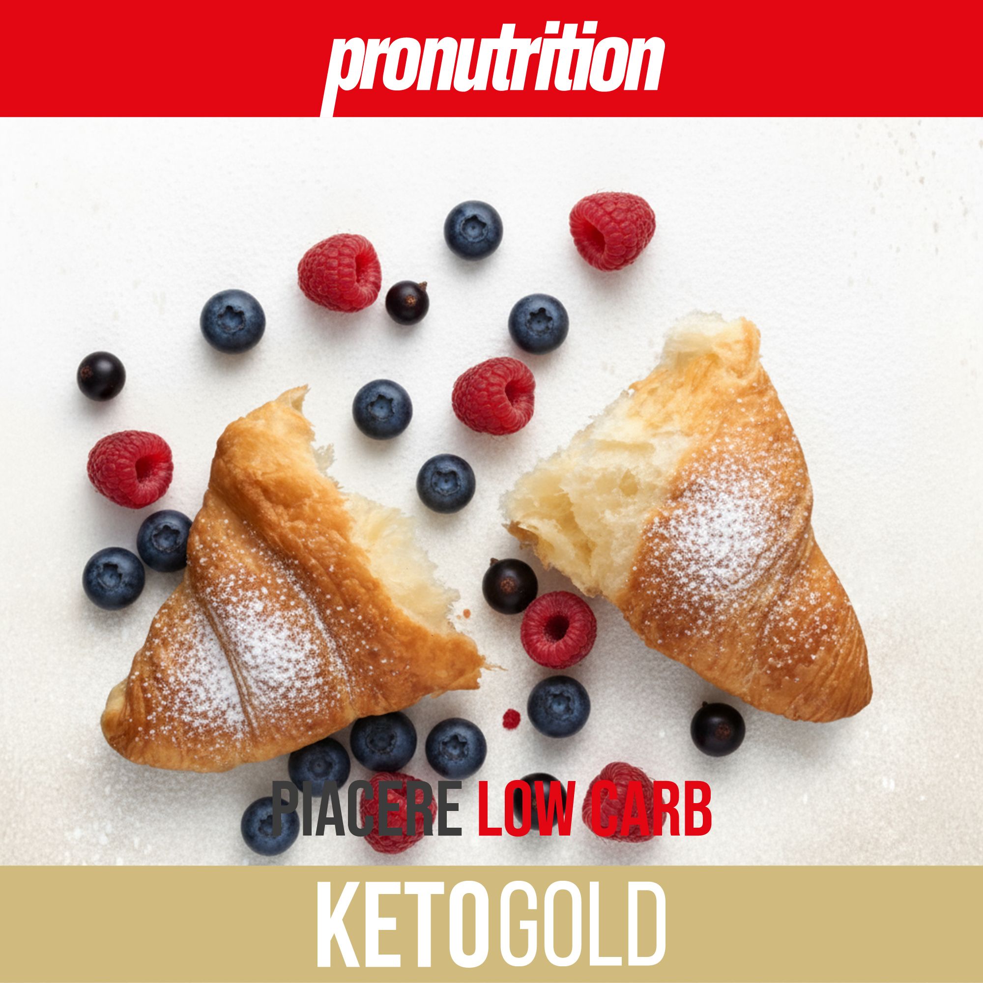 Cornetto Keto spezzato con frutti di bosco e zucchero a velo. Testo: Keto Gold, Stack the low carb.