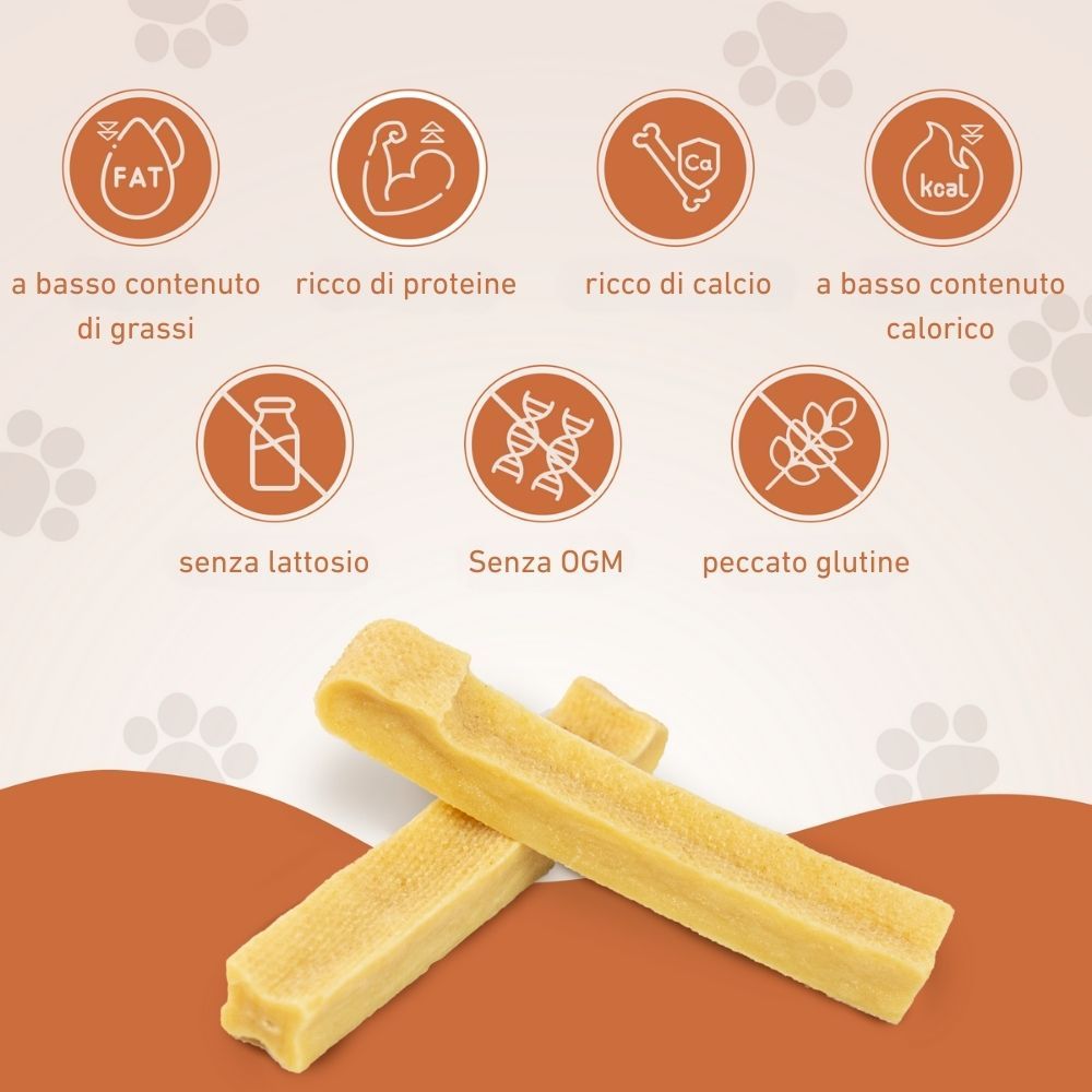 Due bastoncini di formaggio duro. Icone: a basso contenuto di grassi, ricco di proteine, ricco di calcio, a basso contenuto calorico, senza lattosio, senza OGM, senza glutine.