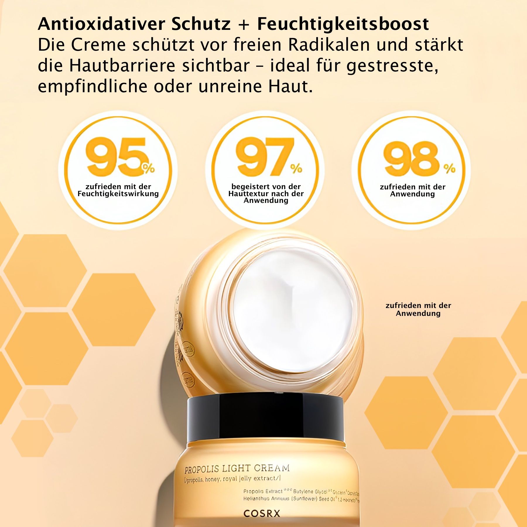 Vasetto COSRX Propolis Light Cream. Vetro giallo, coperchio nero. Texture crema.