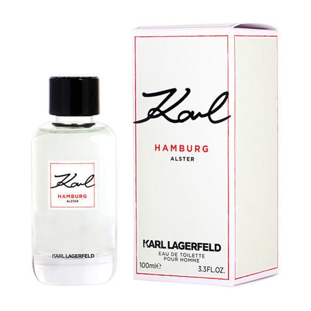 Flacone e confezione. Scritta Karl Hamburg Alster. Sotto Karl Lagerfeld. Eau de Toilette.