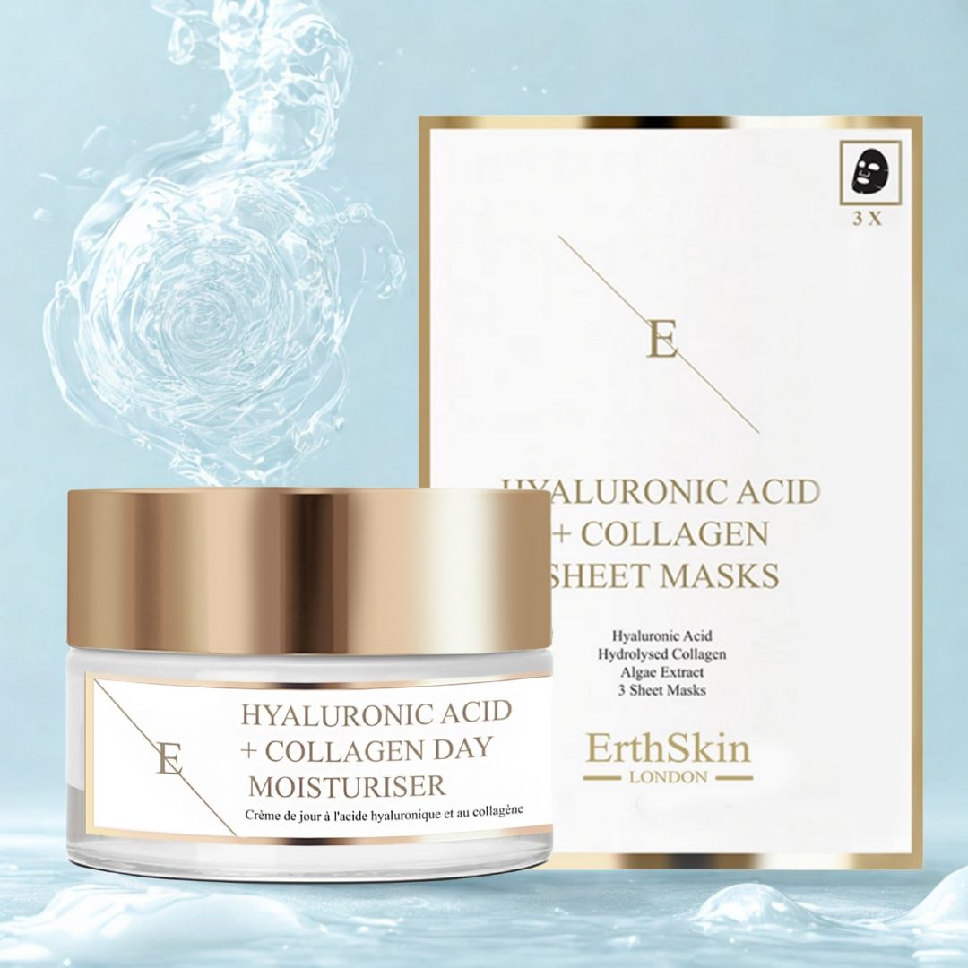 Vasetto di crema giorno con coperchio dorato e scatola di maschere per il viso. Scritta: Acido ialuronico + collagene. Marchio: ErthSkin London. Effetto acqua sullo sfondo.