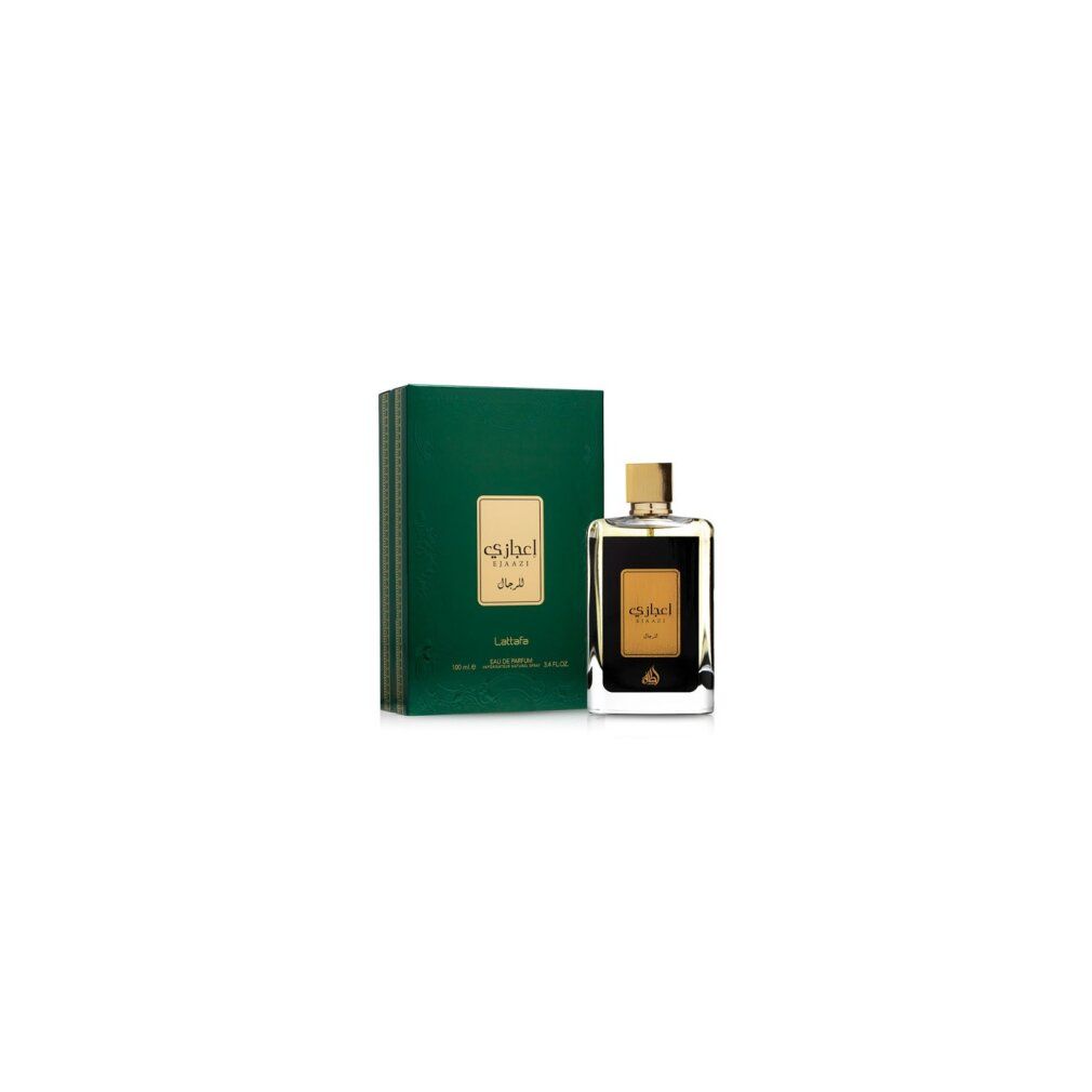 Flacone e confezione Ejaazi Eau de Parfum. Flacone rettangolare con tappo dorato. Confezione verde con etichetta dorata.
