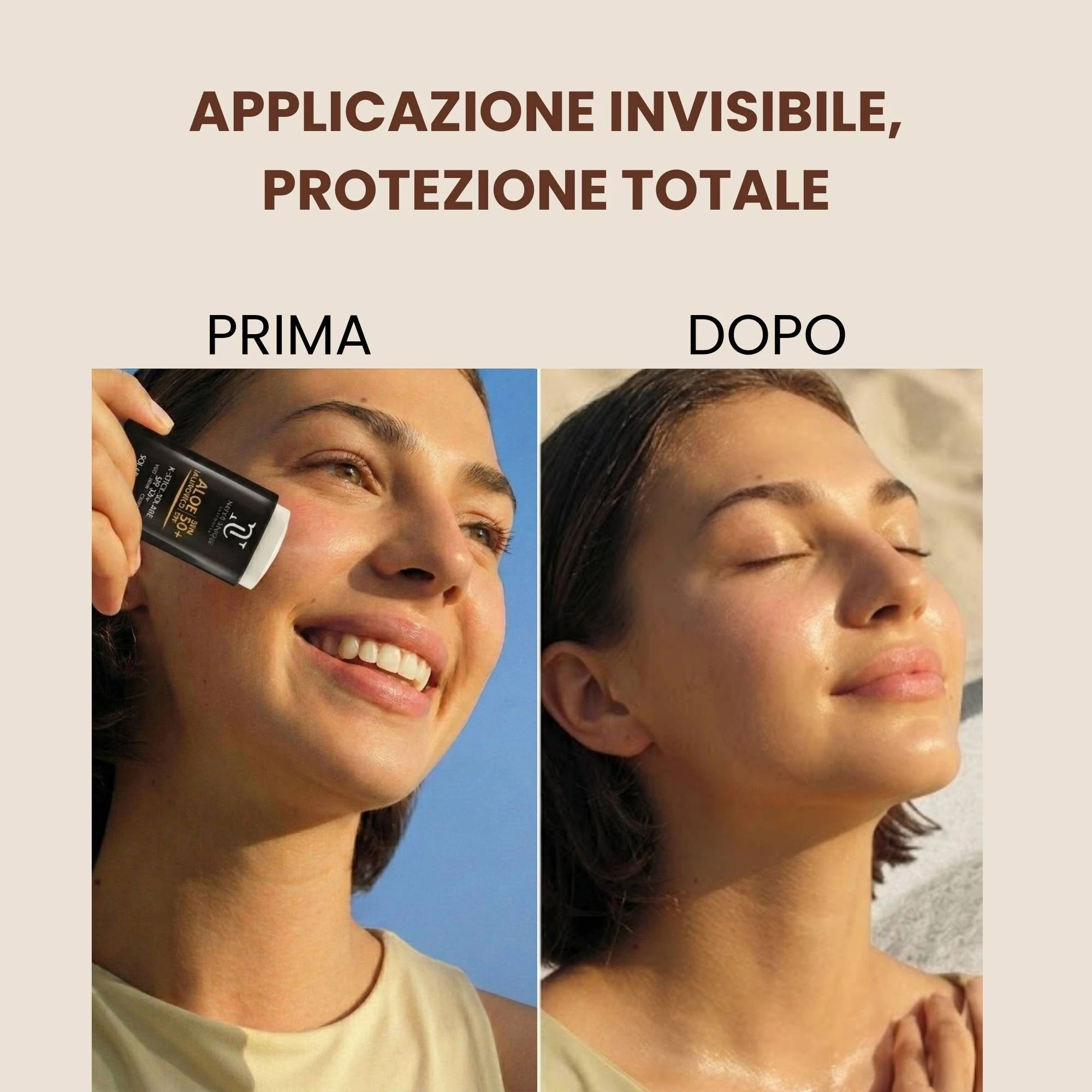 Confronto prima-dopo. Donna applica K-Stick Solare SPF 50+. Dopo: pelle lucida. Testo: Applicazione invisibile, protezione totale.