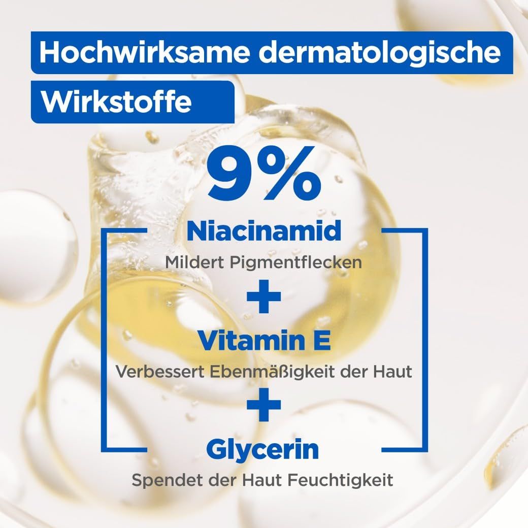 Primo piano degli ingredienti: 9% Niacinamide, Vitamina E, Glicerina. Testo: Ingredienti dermatologici altamente efficaci.