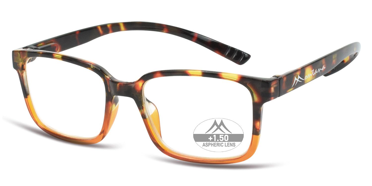 Occhiali con montatura marrone e gialla. Lenti rettangolari. "+1.50 ASPHERIC LENS" su una lente.