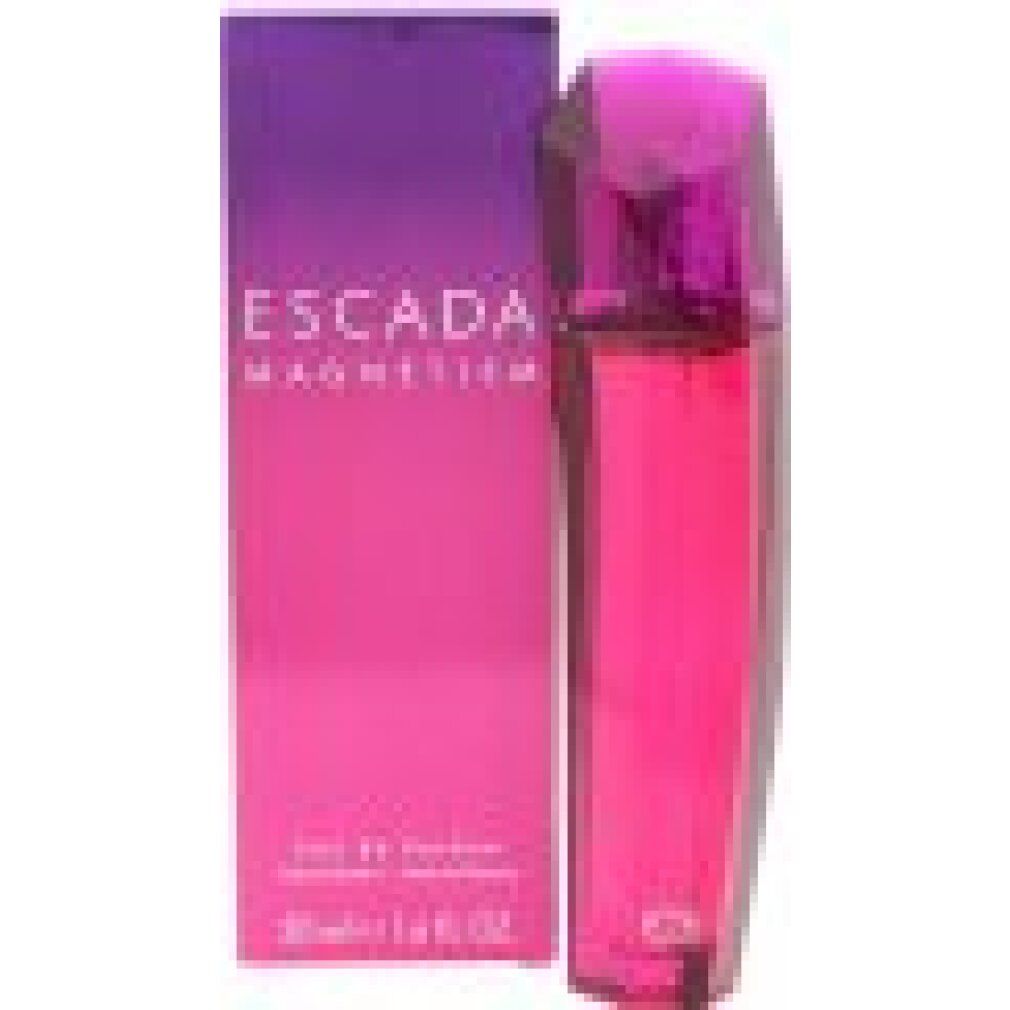 Escada Magnetism Eau de Parfum Spray. Flacone e confezione rosa-viola. Scritta Escada Magnetism. 50 ml.