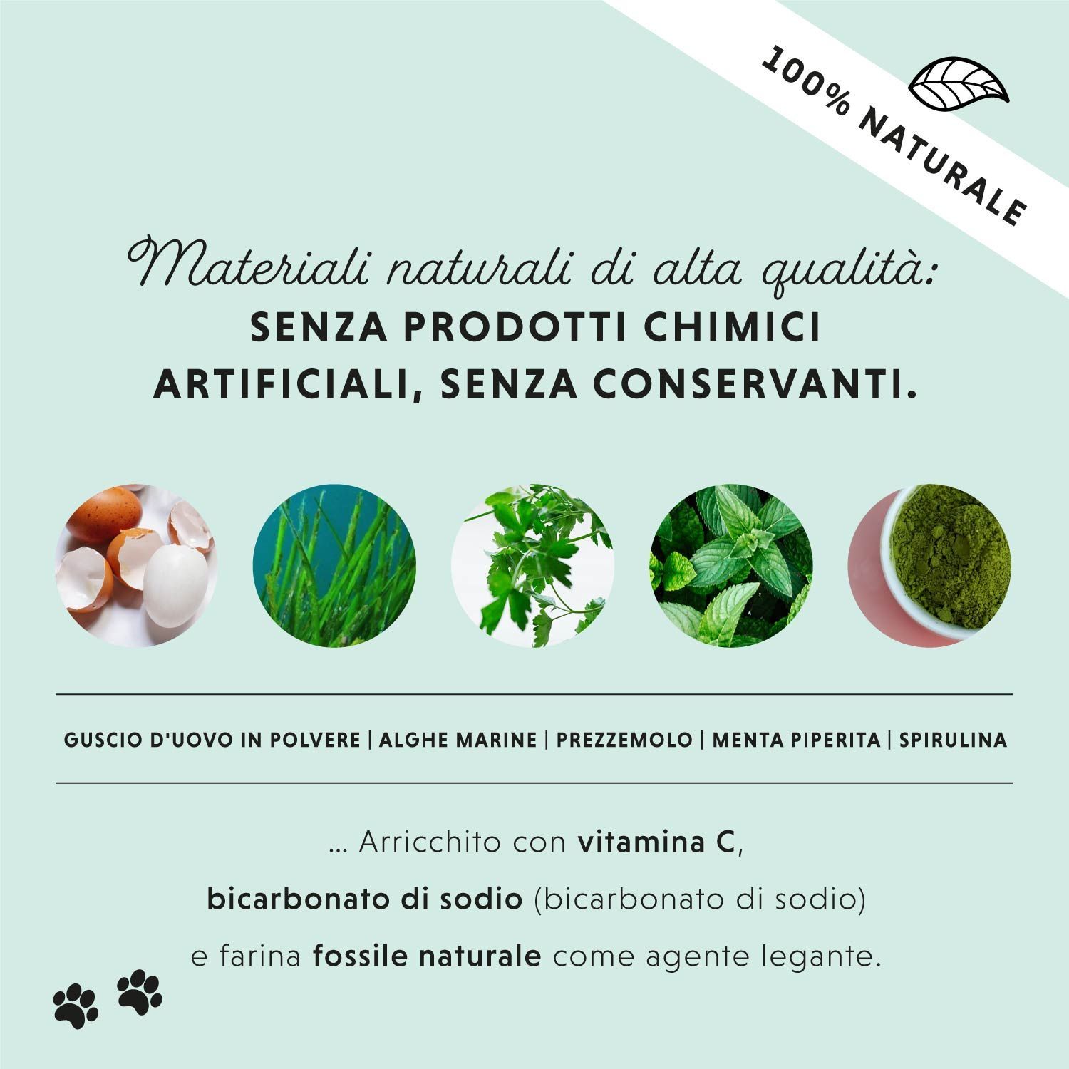 Sfondo turchese con ingredienti: polvere di guscio d'uovo, alghe, prezzemolo, menta, spirulina. Testo: 100% naturale.