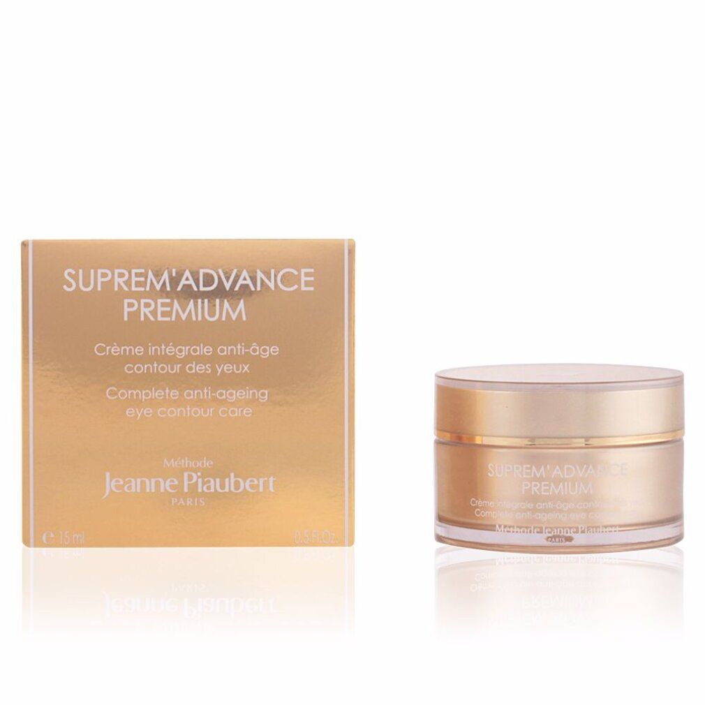 Vaso di crema dorato e scatola. Scritta: Suprem'Advance Premium, Crème intégrale anti-âge contour des yeux. Marchio: Jeanne Piaubert.