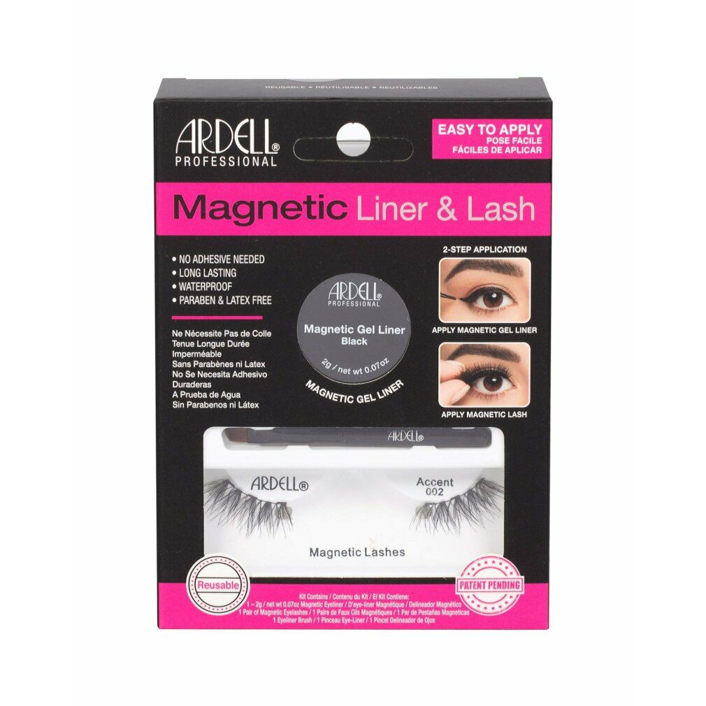 Confezione Ardell Magnetic Liner & Lash. Contiene eyeliner gel magnetico, ciglia e applicatore. Nome del prodotto ed esempi di applicazione.