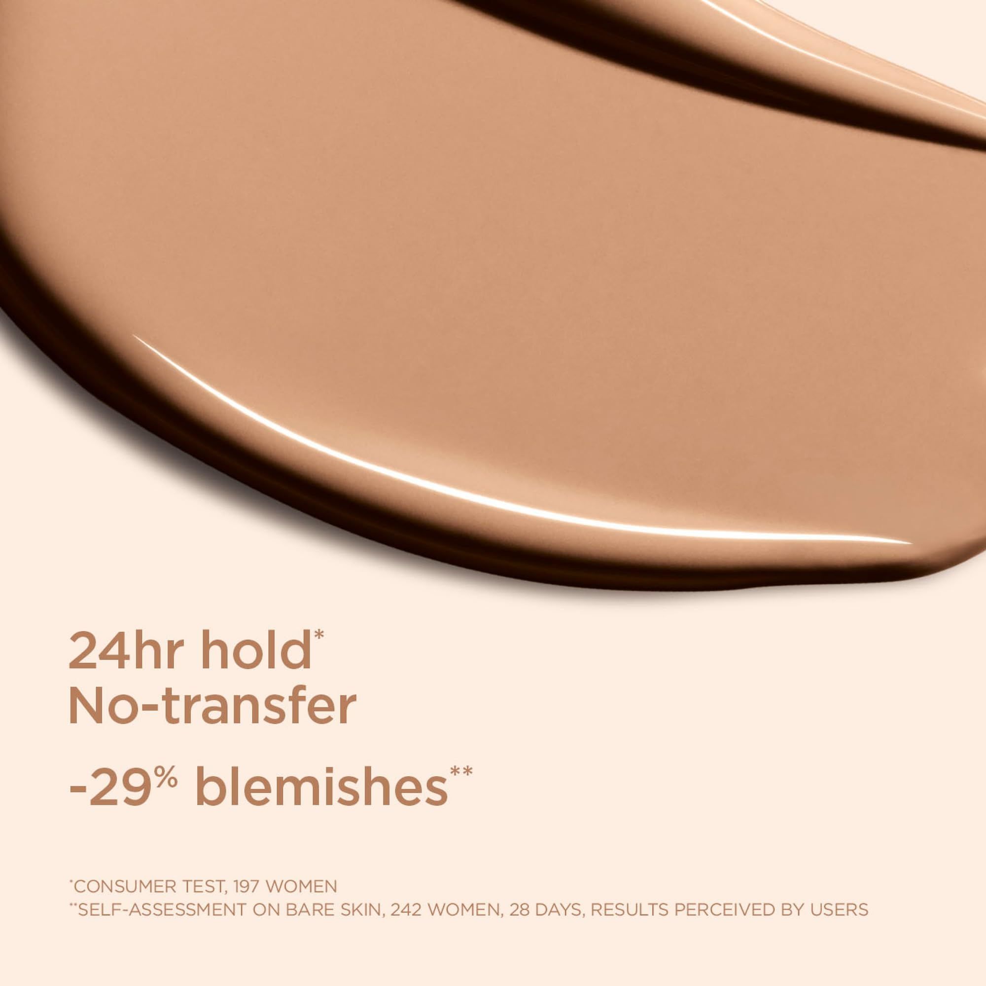 Campione di texture del fondotinta Clarins Skin Illusion Full Coverage. Tenuta 24h, no-transfer.