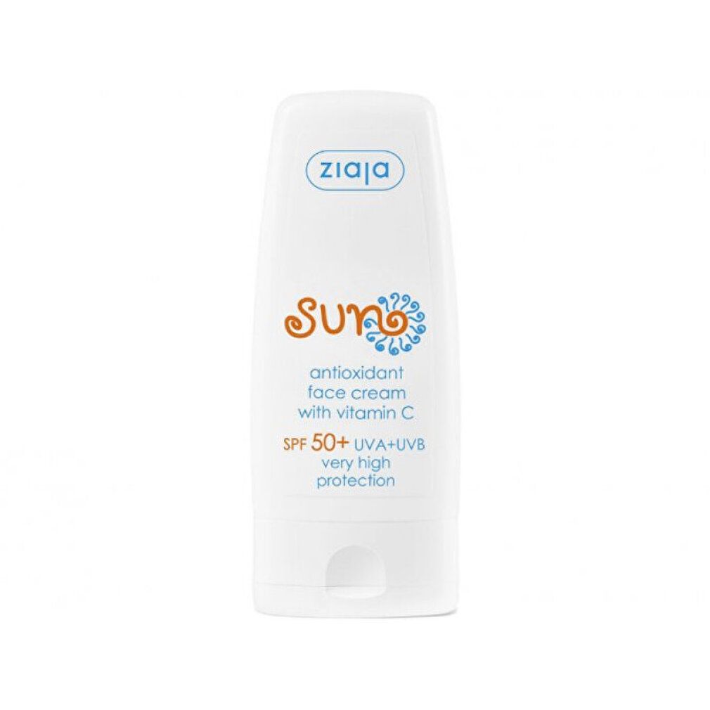 Tubo bianco "ziaja Sun". Crema viso antiossidante, SPF 50+. Elementi blu e arancioni. Protezione molto alta.