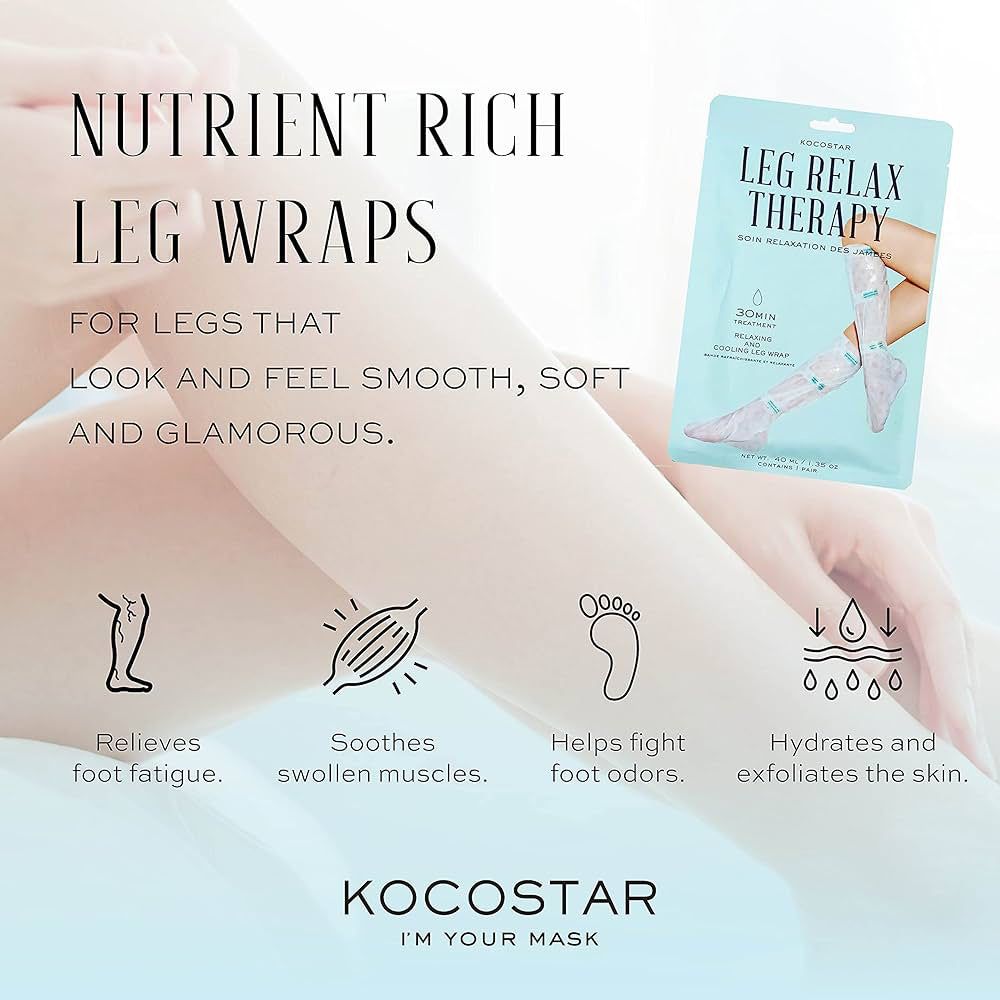 Confezione del prodotto e gambe. Prodotto: KOCOSTAR Leg Relax Therapy. Testo: Impacchi per gambe ricchi di nutrienti. Illustrazioni: piede, muscolo, piede, gocce d'acqua.