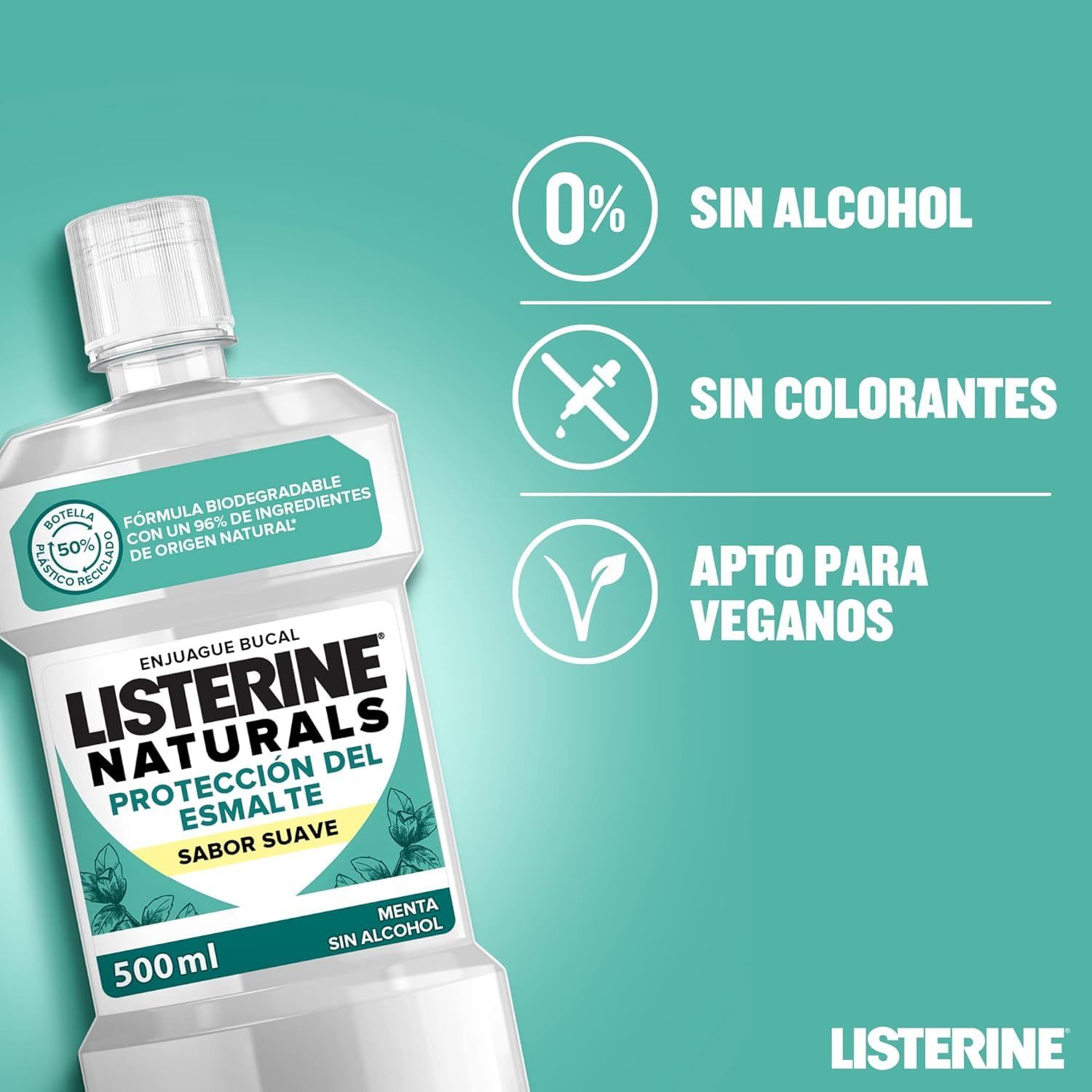 Collutorio Listerine Naturals. Bottiglia con testo: 0% alcool, senza coloranti, adatto ai vegani.