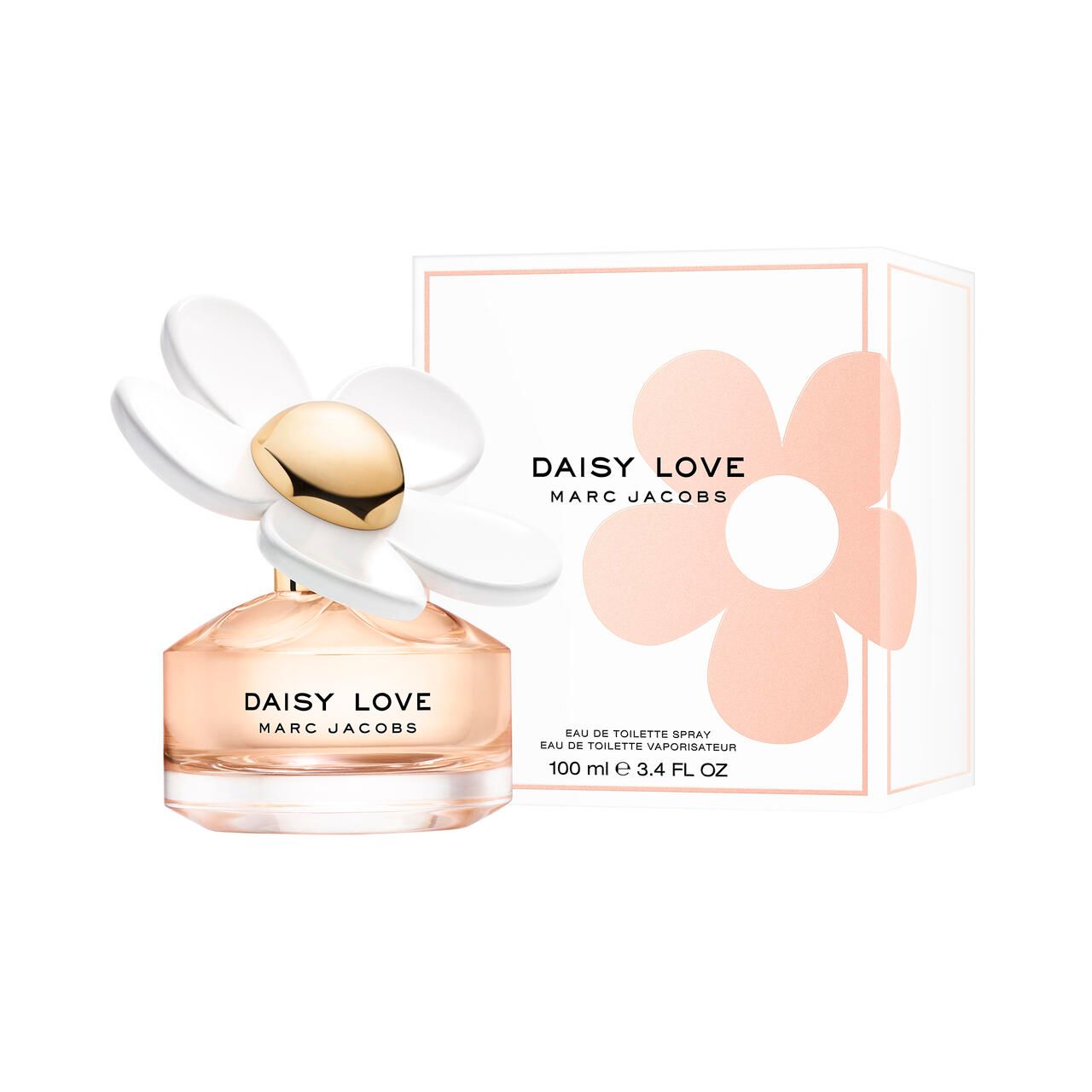 Flacone di profumo e confezione. Flacone con fiore bianco. Confezione con scritta: DAISY LOVE MARC JACOBS.