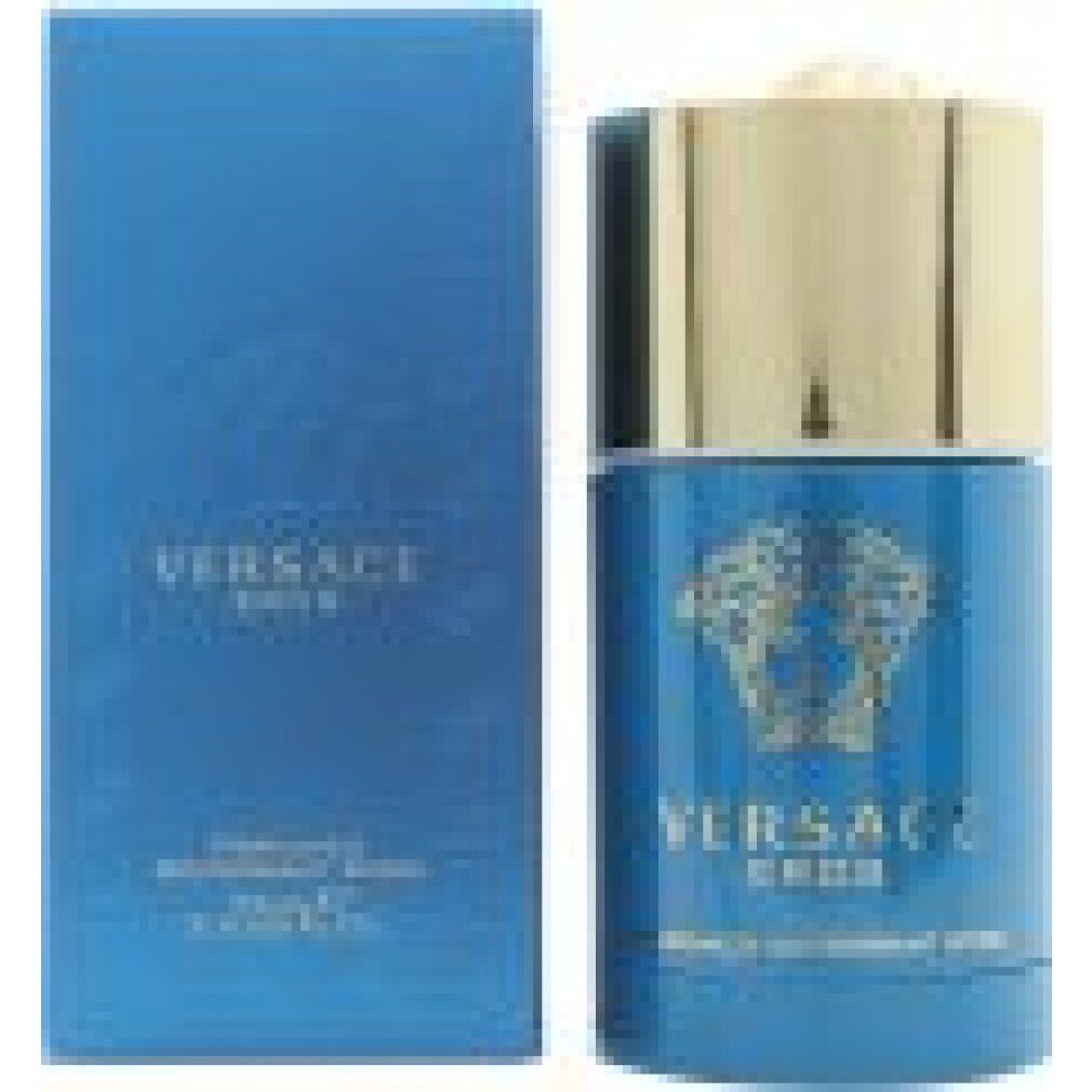 Stick deodorante blu e scatola. Coperchio dorato. Marchio: Versace Eros. Testo: Perfumed Deodorant Stick.