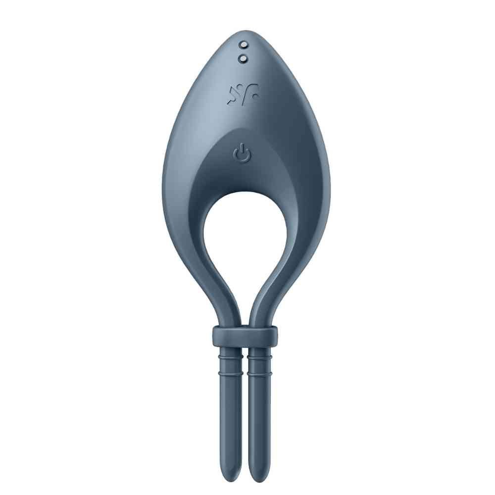 Vibratore ad anello blu. Testa a goccia, due steli. Con pulsanti e logo.