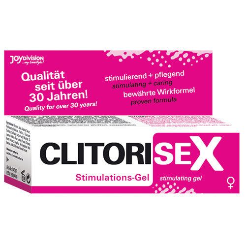 Confezione del prodotto. Scritta: CLITORISEX, Stimulations-Gel. Con logo e testo.