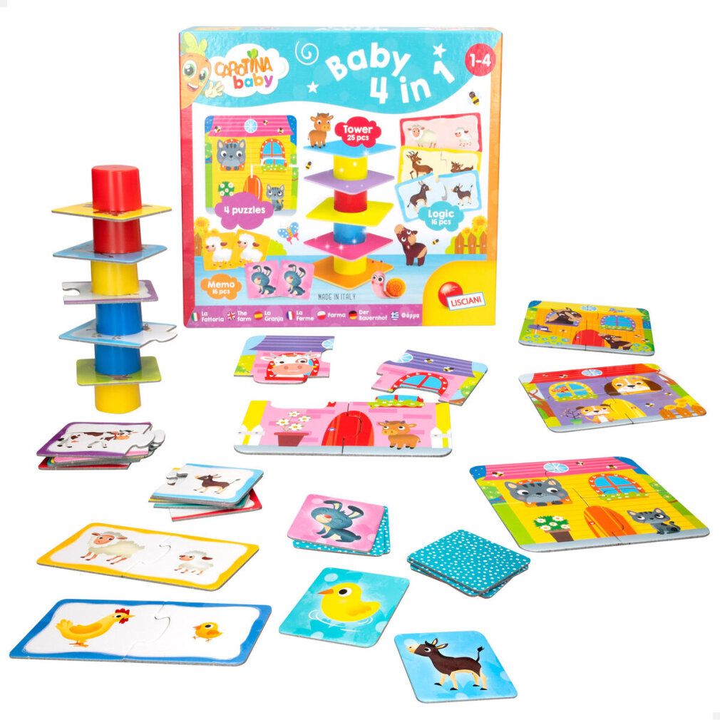 Giocattolo Carotina Baby 4 in 1. Include puzzle, torre, gioco memo. Illustrazioni animali e casa. Per bambini 1-4 anni.
