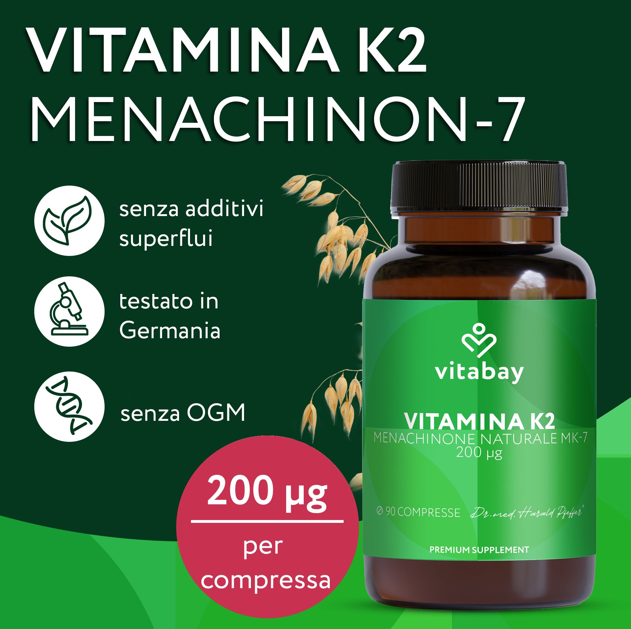 Bottiglia Vitamina K2 Vitabay, 200 µg per capsula. Senza additivi, testato in Germania, senza OGM.
