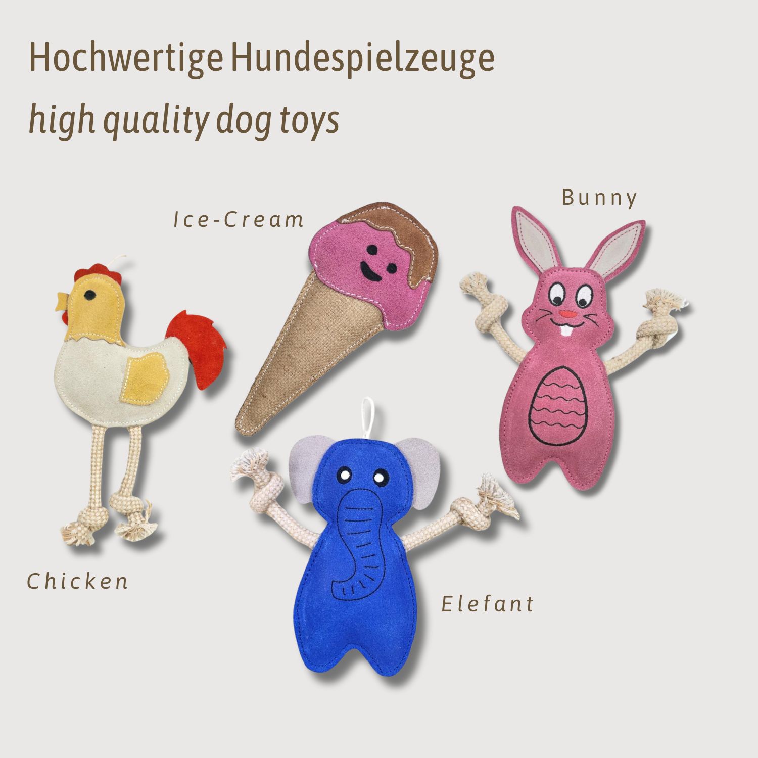 Diversi giocattoli per cani: pollo, gelato, coniglio, elefante. Tutti in pelle con zampe di corda.