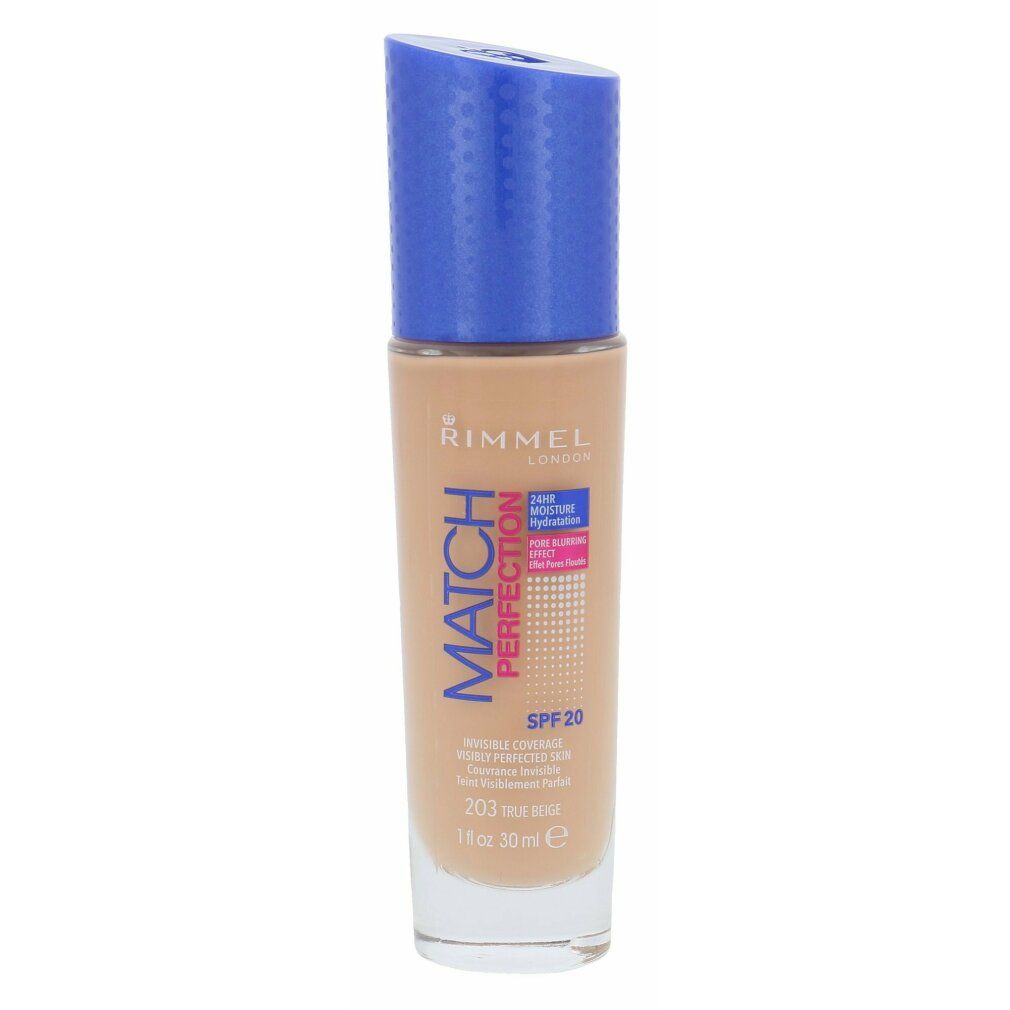 Flacone di fondotinta Rimmel Match Perfection tonalità 203, SPF 20, 30ml con tappo blu.