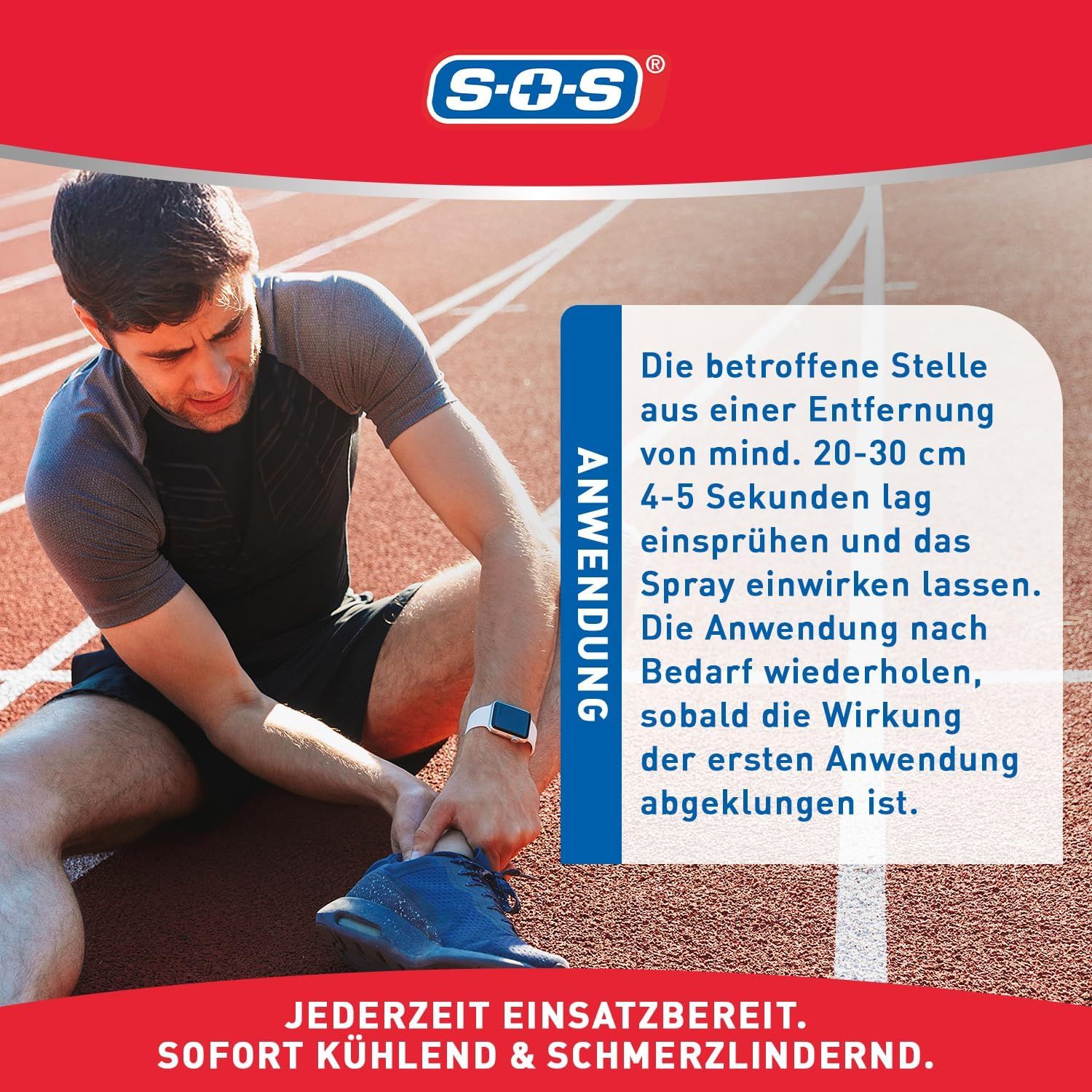 Uomo seduto su una pista, che tiene la caviglia. Testo: Applicazione. Spruzzare l'area interessata da 20-30 cm. Ripetere l'applicazione quando l'effetto svanisce.