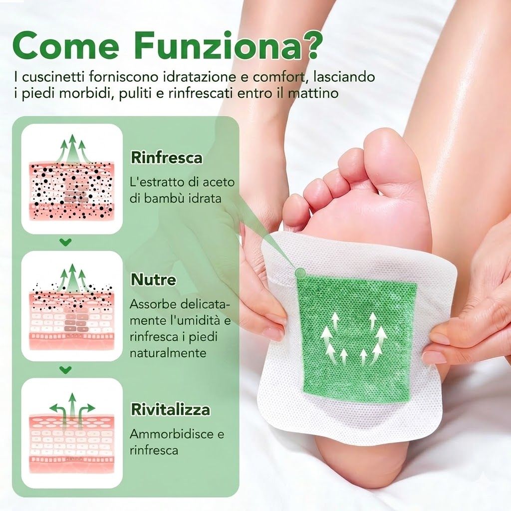 Piede con cerotto per i piedi. Testo: Come Funziona? Diagramma con frecce. Cerotto verde e bianco.