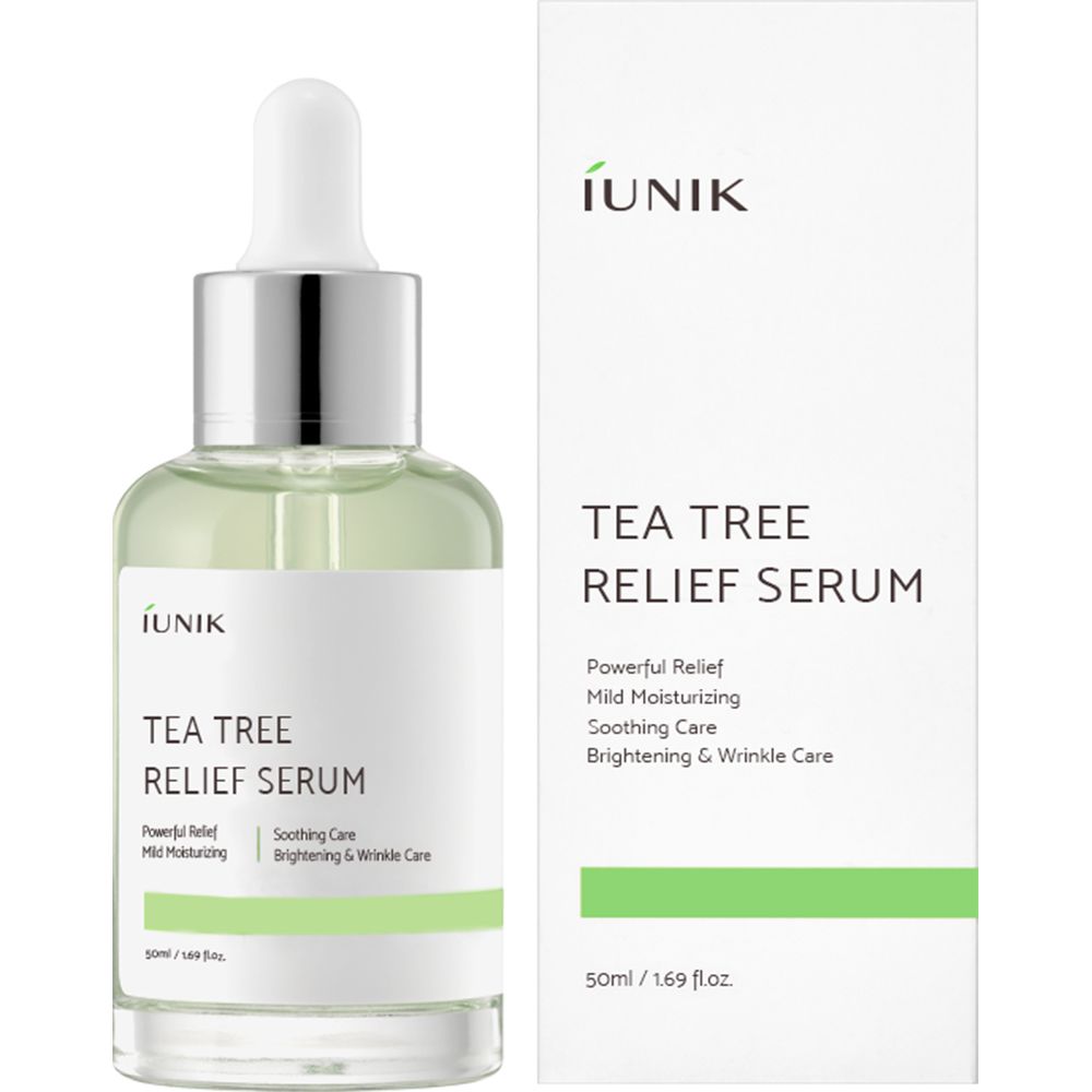 Flacone e confezione iUNIK Tea Tree Relief Serum. Etichetta bianca con testo. Contagocce. 50ml/1.69 fl.oz.