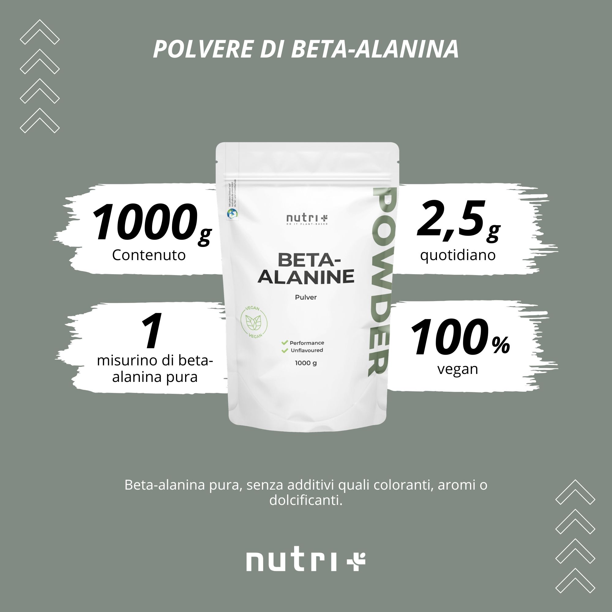 Informazioni sulla polvere di beta-alanina. Contenuto 1000g, dose giornaliera 2,5g, 100% vegan.
