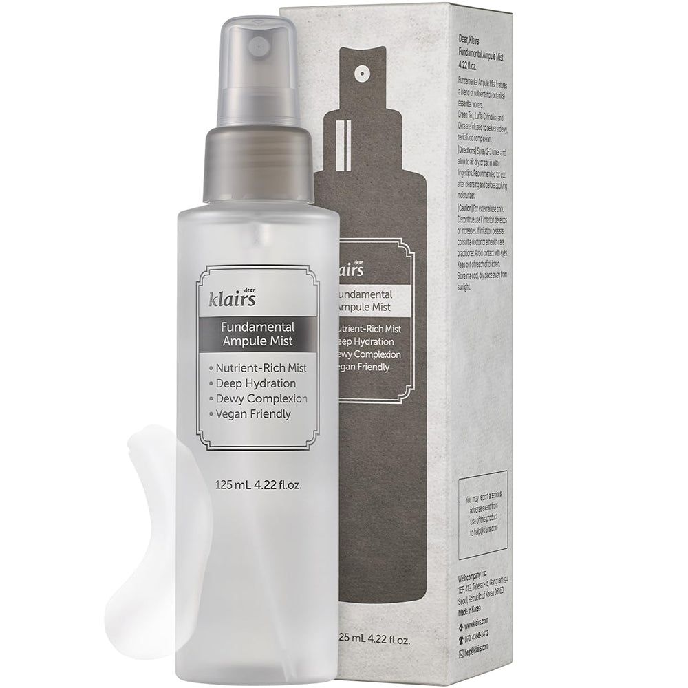 Flacone spray Klairs e confezione. Trasparente, con etichetta e informazioni sul prodotto.