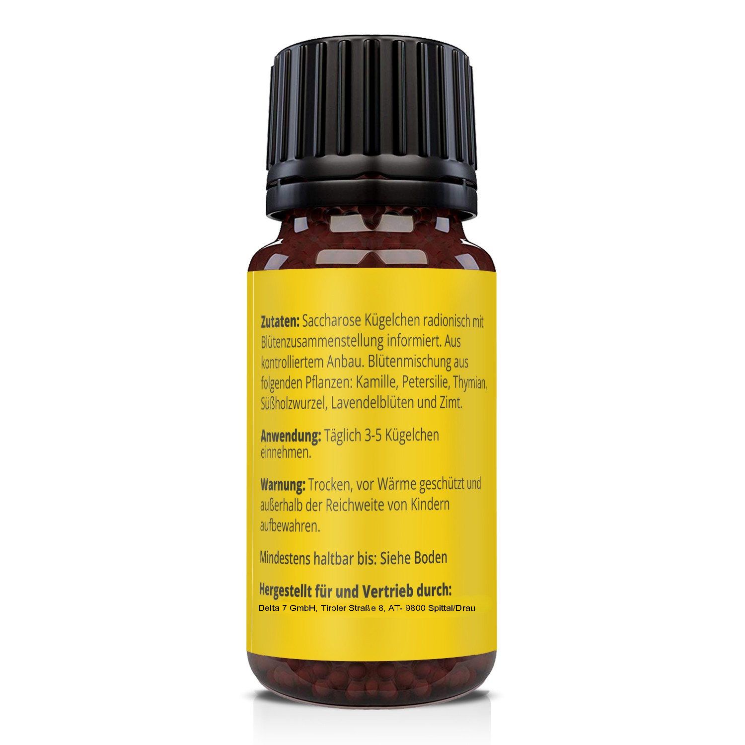 Retro del flacone di vetro marrone con tappo nero ed etichetta gialla. Testo sugli ingredienti e l'uso.