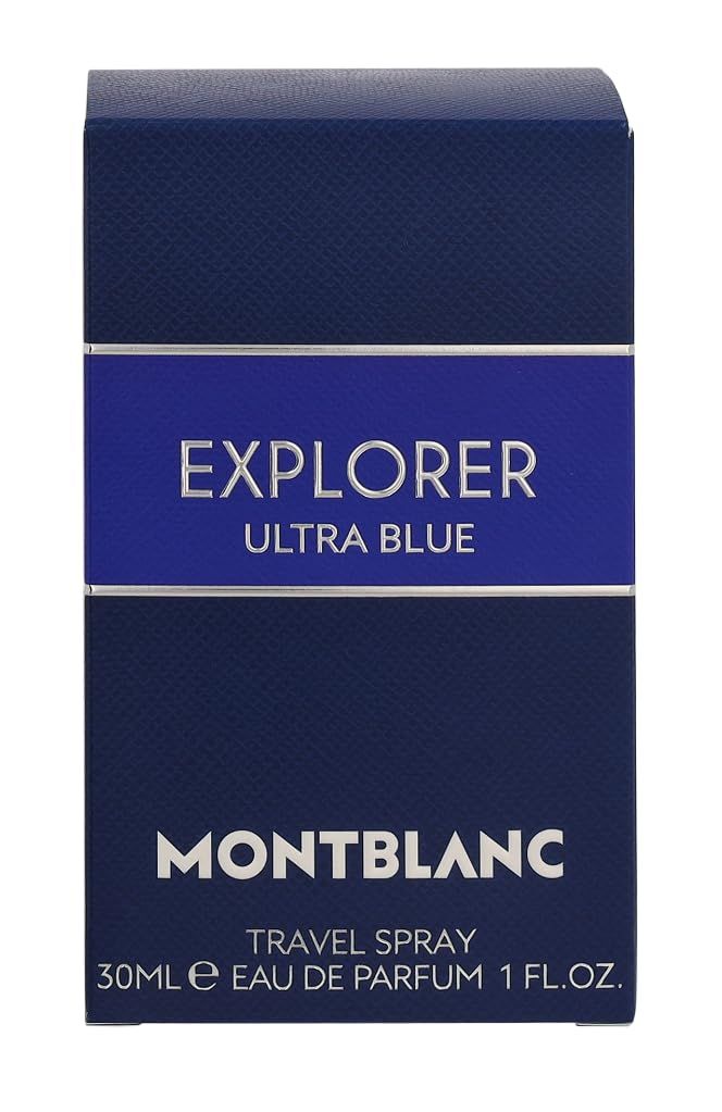 Scatola blu con scritta EXPLORER ULTRA BLUE. Logo Montblanc. Travel Spray. 30ml Eau de Parfum.