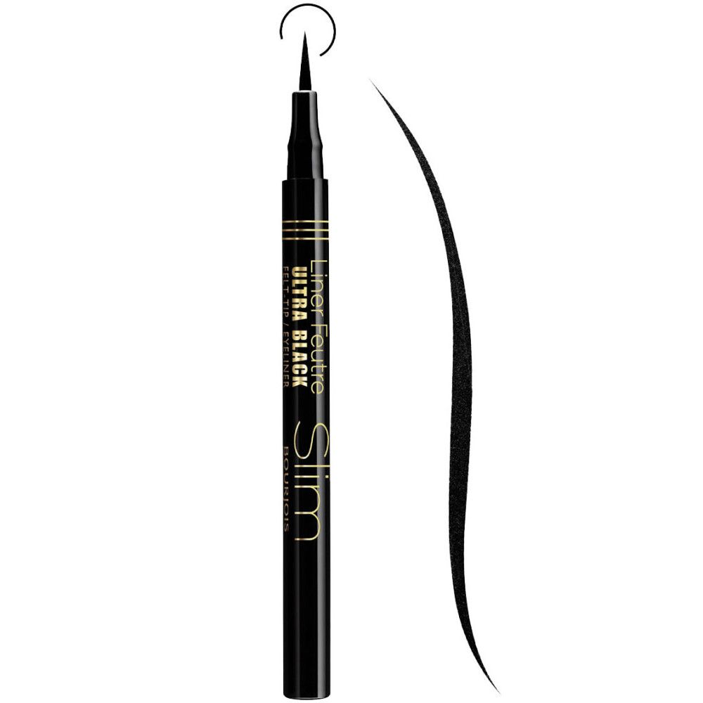 Eyeliner nero con scritta "Liner Feutre Ultra Black Slim". Punta e tratto visibili.