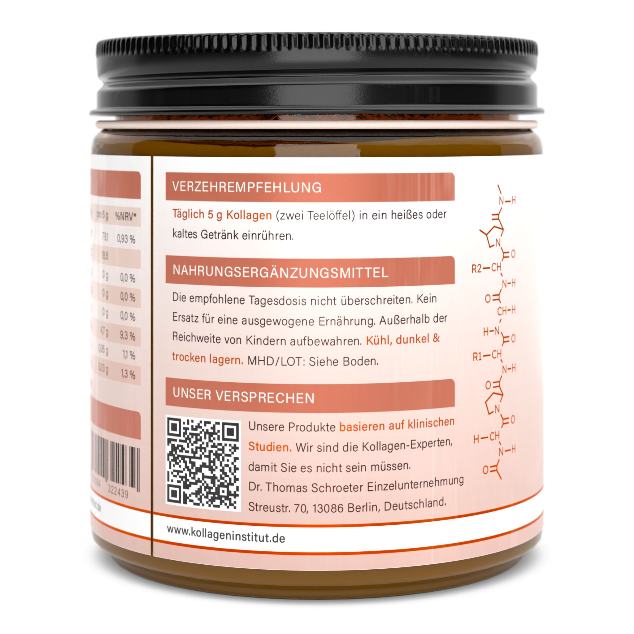 Retro di un contenitore di polvere di collagene. Consigli per l'uso e informazioni nutrizionali. Codice QR e contatti.