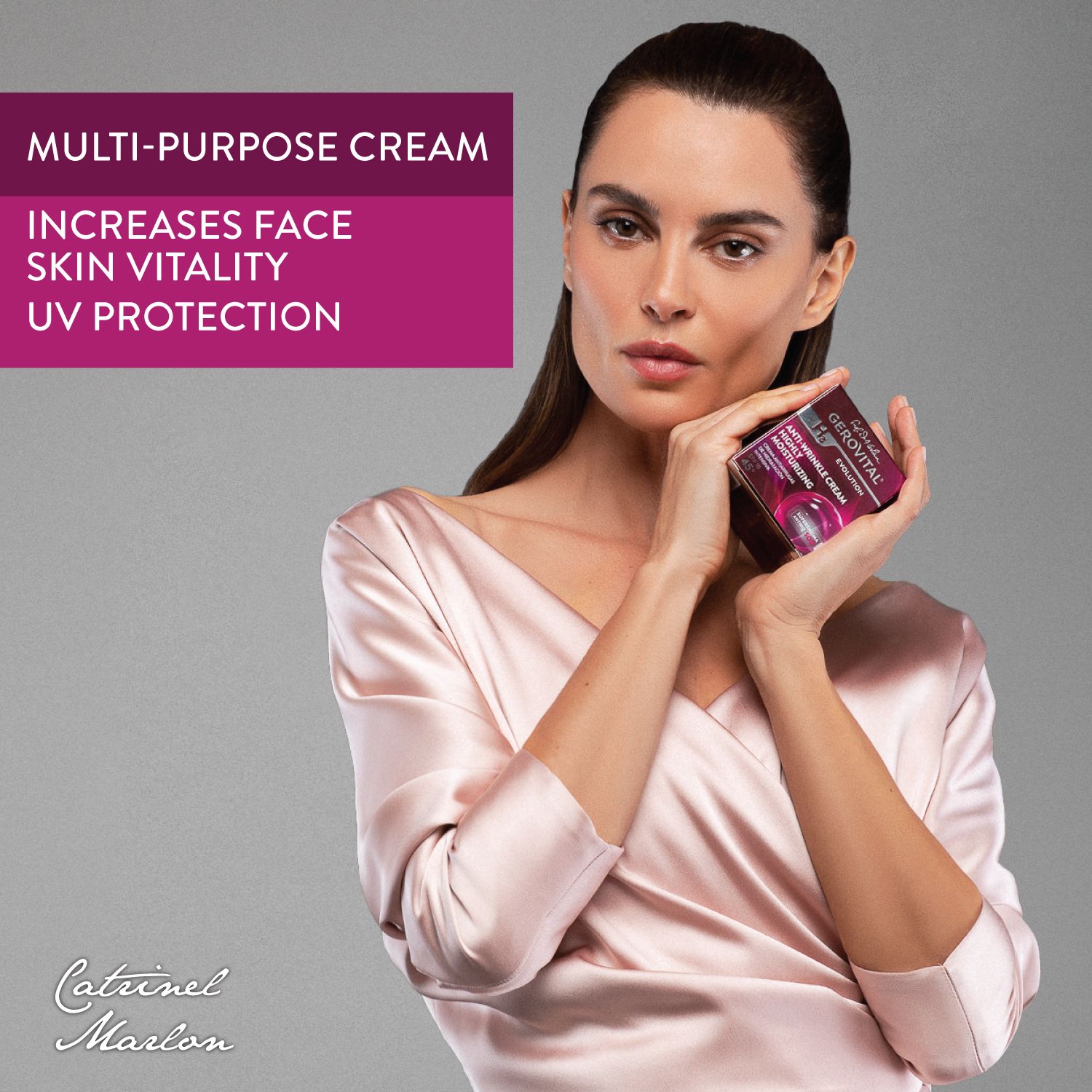 Donna tiene una scatola Gerovital H3 Evolution. Testo: Crema multiuso, aumenta la vitalità della pelle, protezione UV.
