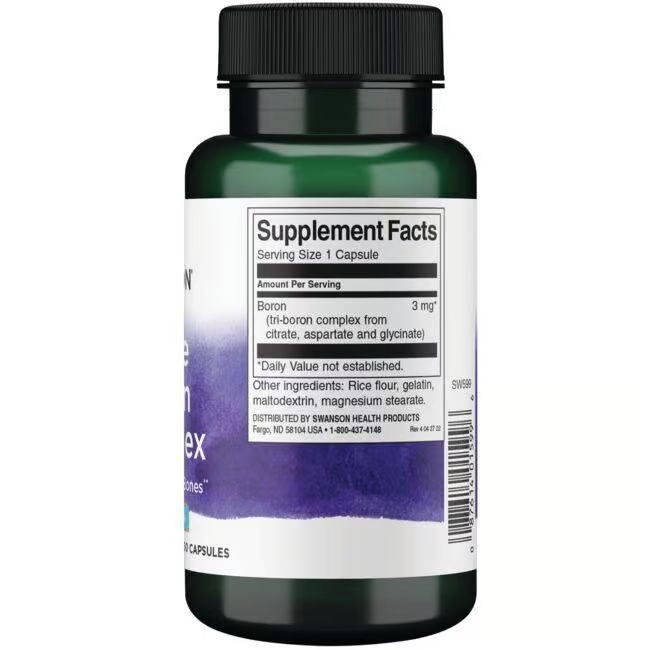 Retro del flacone verde. Etichetta con informazioni nutrizionali: Boro, 3 mg. Ingredienti: farina di riso, gelatina, maltodestrina, magnesio stearato.