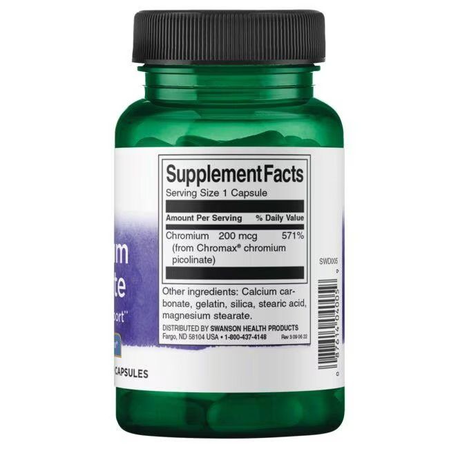 Retro di una bottiglia verde. Etichetta con informazioni nutrizionali: Cromo 200 mcg. Contiene Chromax, picolinato di cromo. Ingredienti.