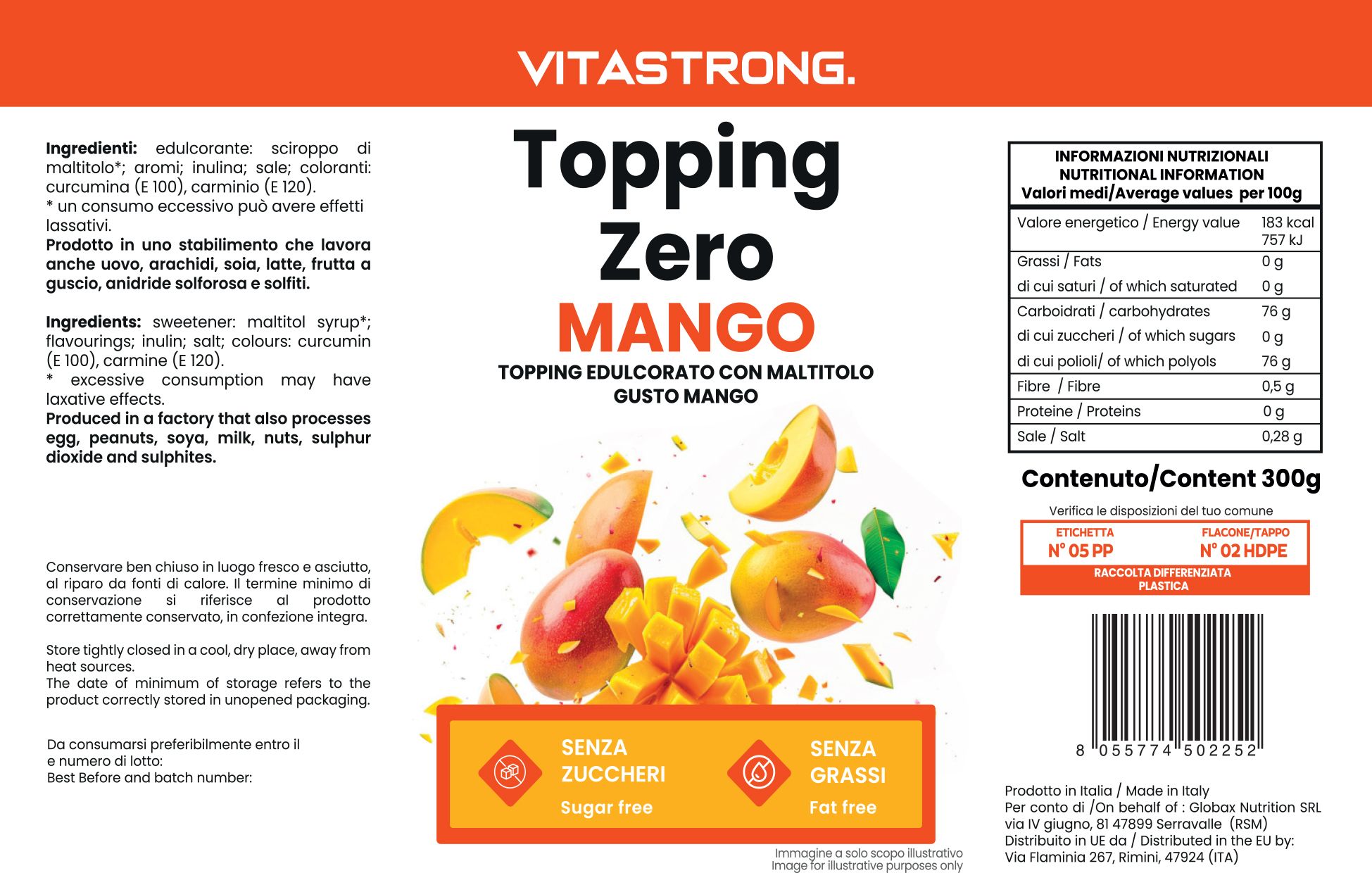 Vitastrong Topping Zero Mango. Confezione prodotto con testo e mango. Contiene informazioni nutrizionali e ingredienti.