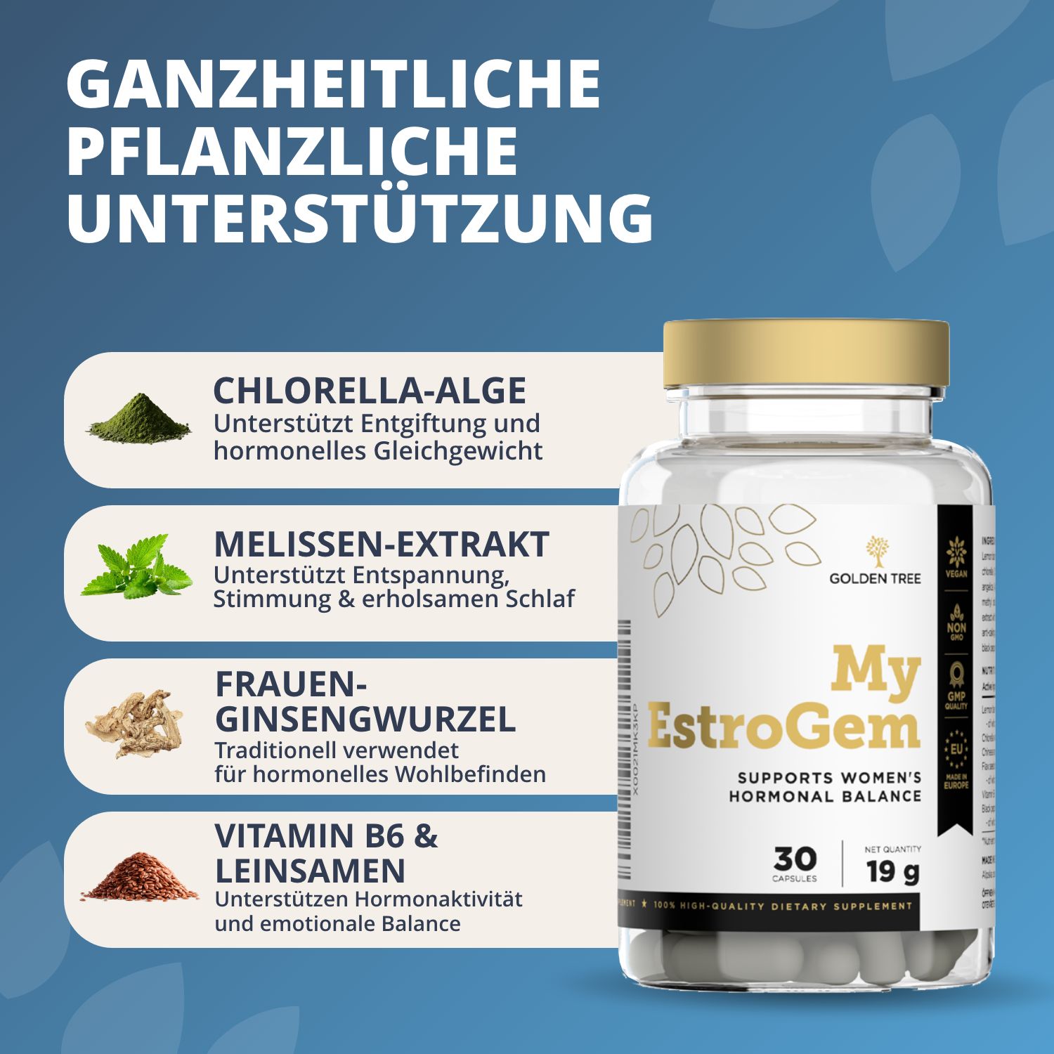 Flacone da 30 capsule. Contiene alga chlorella, melissa, ginseng, vitamina B6 e semi di lino.