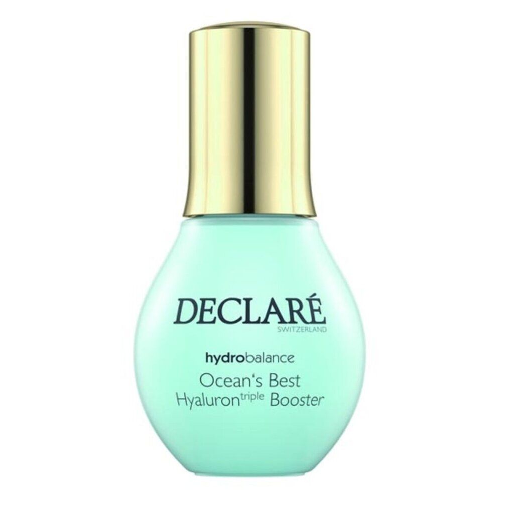 Flacone azzurro chiaro con tappo dorato. Scritta: DECLARÉ, hydrobalance, Ocean's Best, Hyaluron triple Booster.