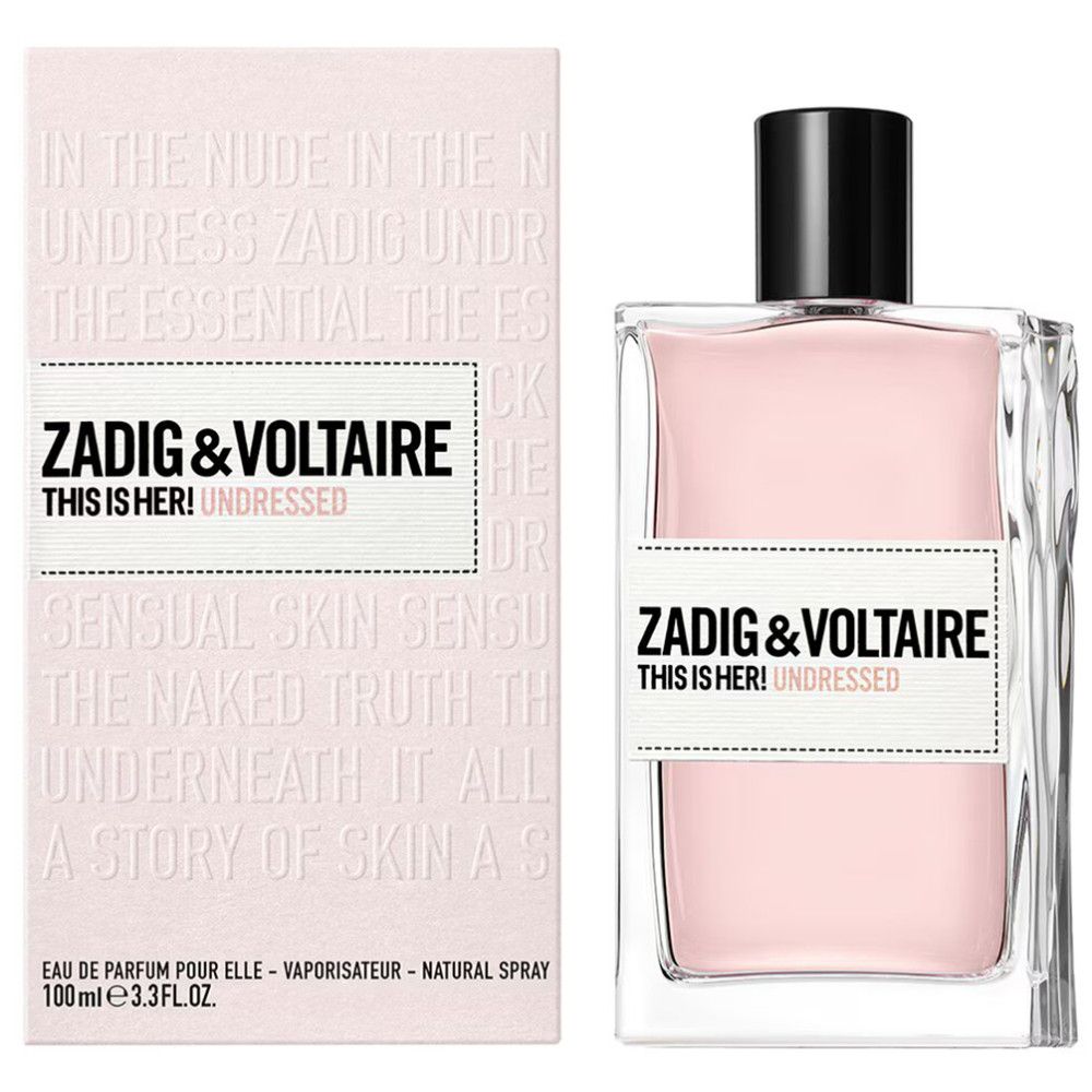 Flacone e confezione di profumo. Scritta: Zadig & Voltaire This Is Her! Undressed. Liquido rosa, tappo nero.