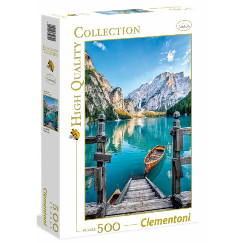 Puzzle Clementoni, 500 pezzi. Confezione mostra paesaggio con lago, barche e montagne. High Quality Collection.